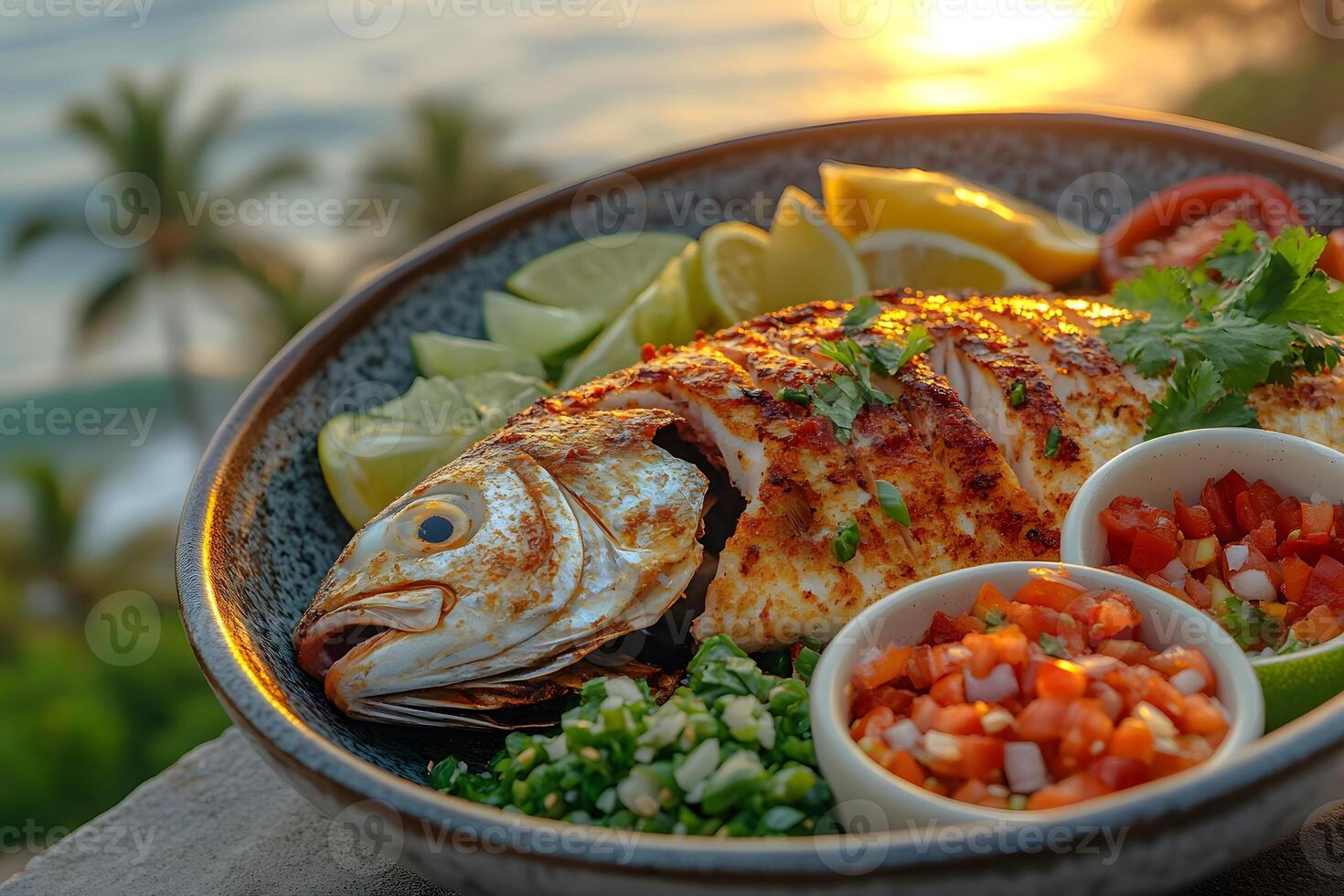 Grilled Fish with Pico de Gallo by the Beach at Sunset Culinary Delight for Food Lovers photo