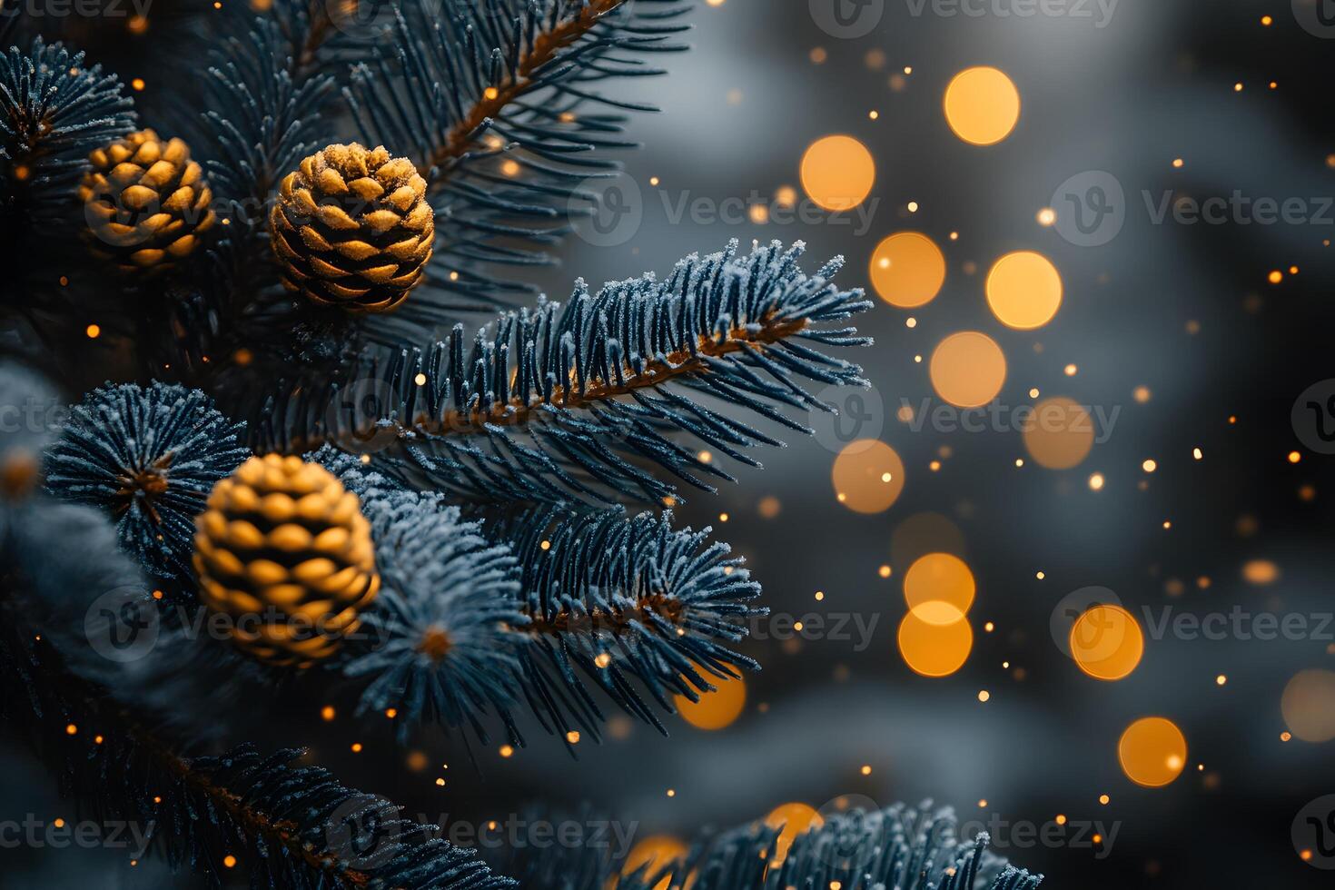 Festive Pine Cones on Evergreen Branches with Bokeh Lights for Holiday Decor and Design photo