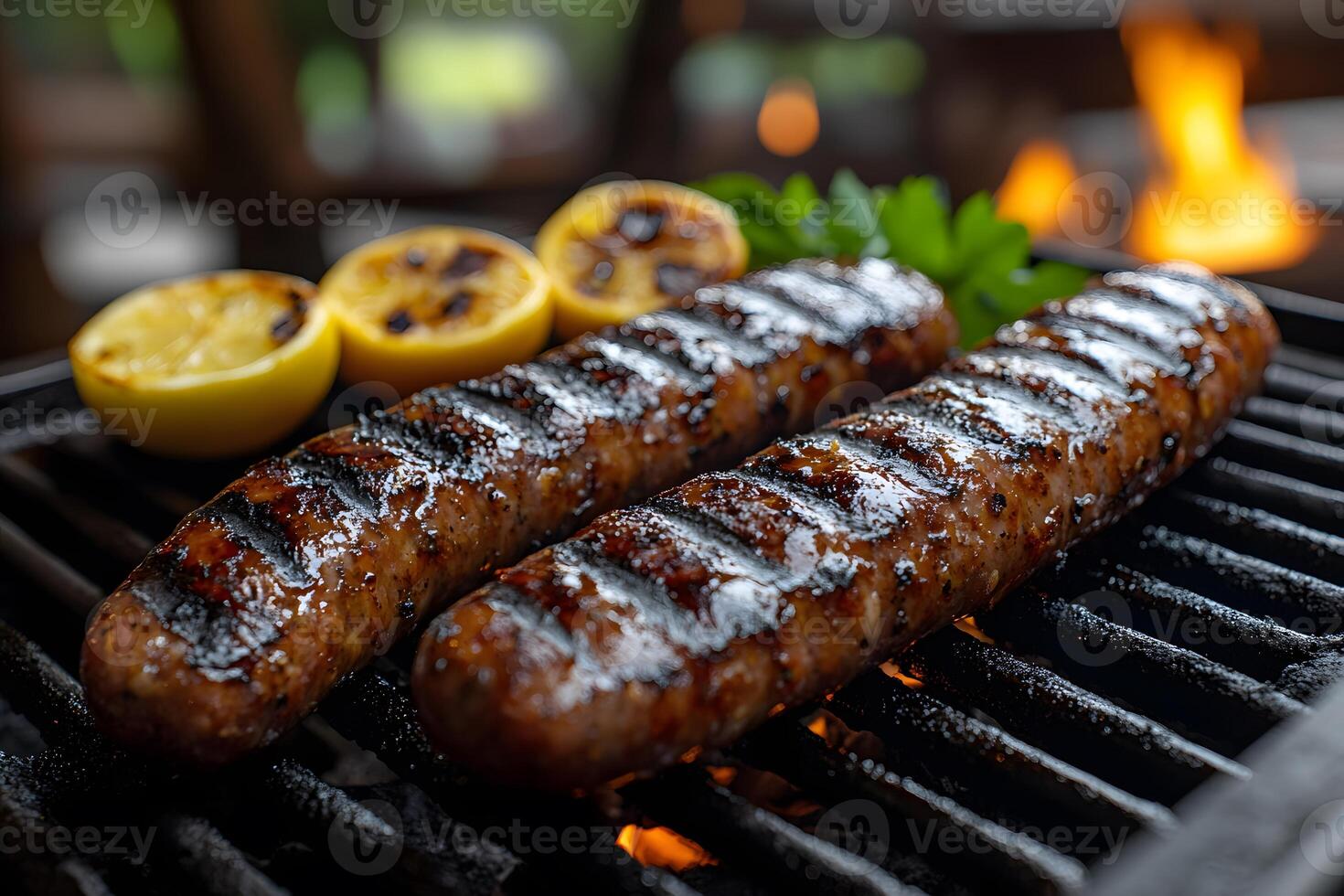 Grilled Sausages and Lemon on BBQ Perfect Summer Cookout for Outdoor Cooking Lovers photo