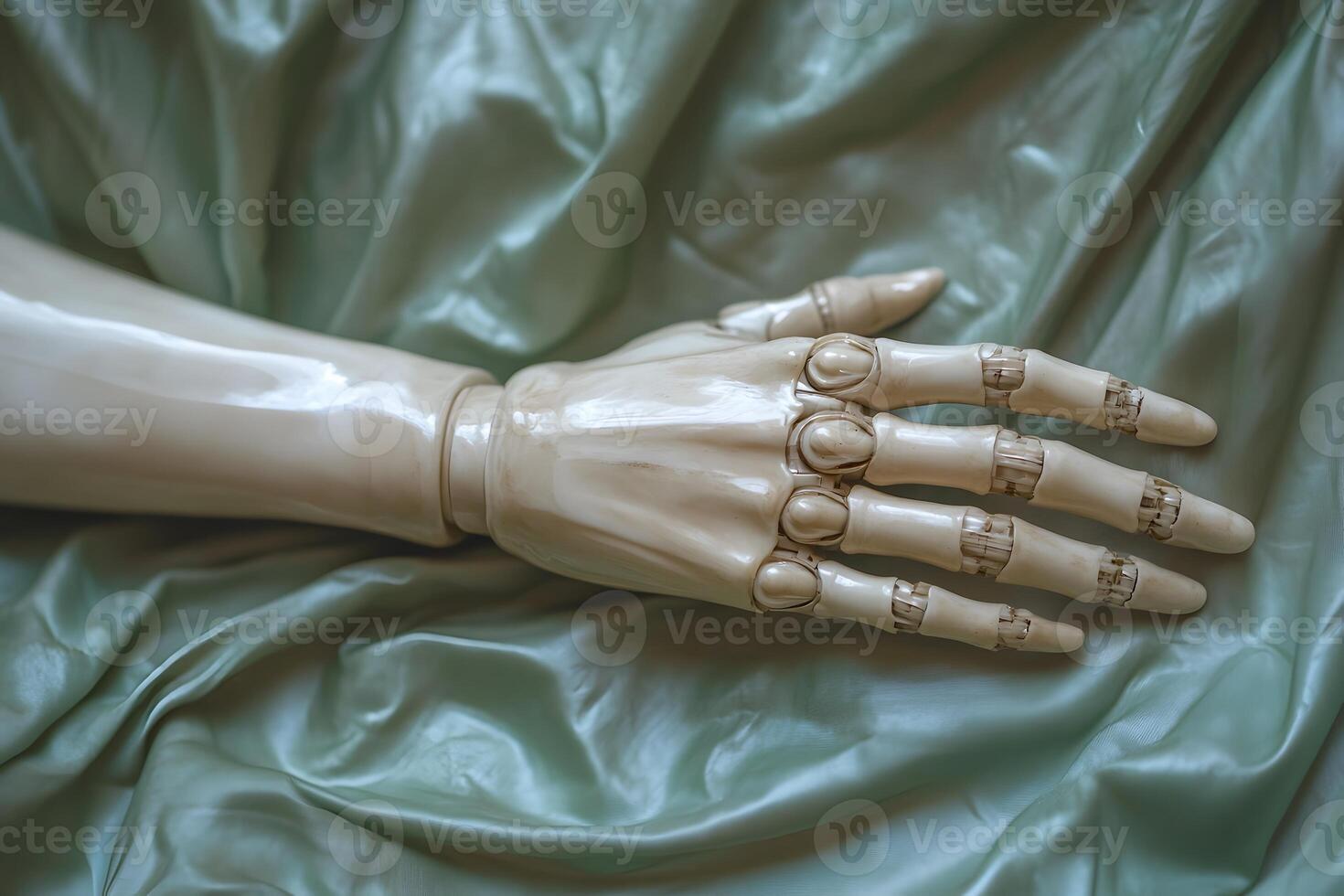 Futuristic Robotic Hand Resting on Soft Green Fabric - Innovation and Technology Concept photo