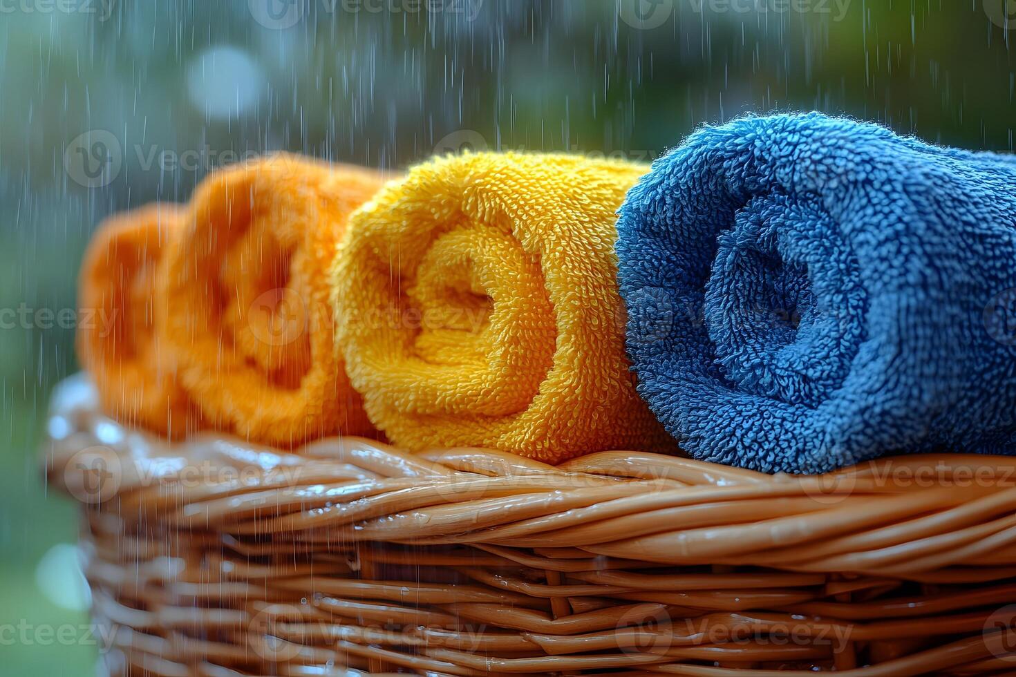 Colorful Rolled Towels in a Wicker Basket with Raindrops - Vibrant Home Decor Inspiration photo