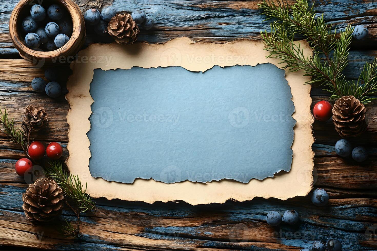 Rustic Winter Holiday Frame with Berries and Pinecones for Card Design photo