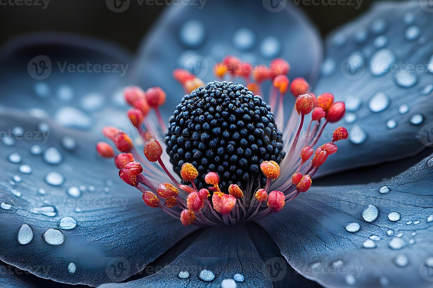 Close-Up of Dew-Kissed Blue Flower Macro with Vibrant Red Stamens photo