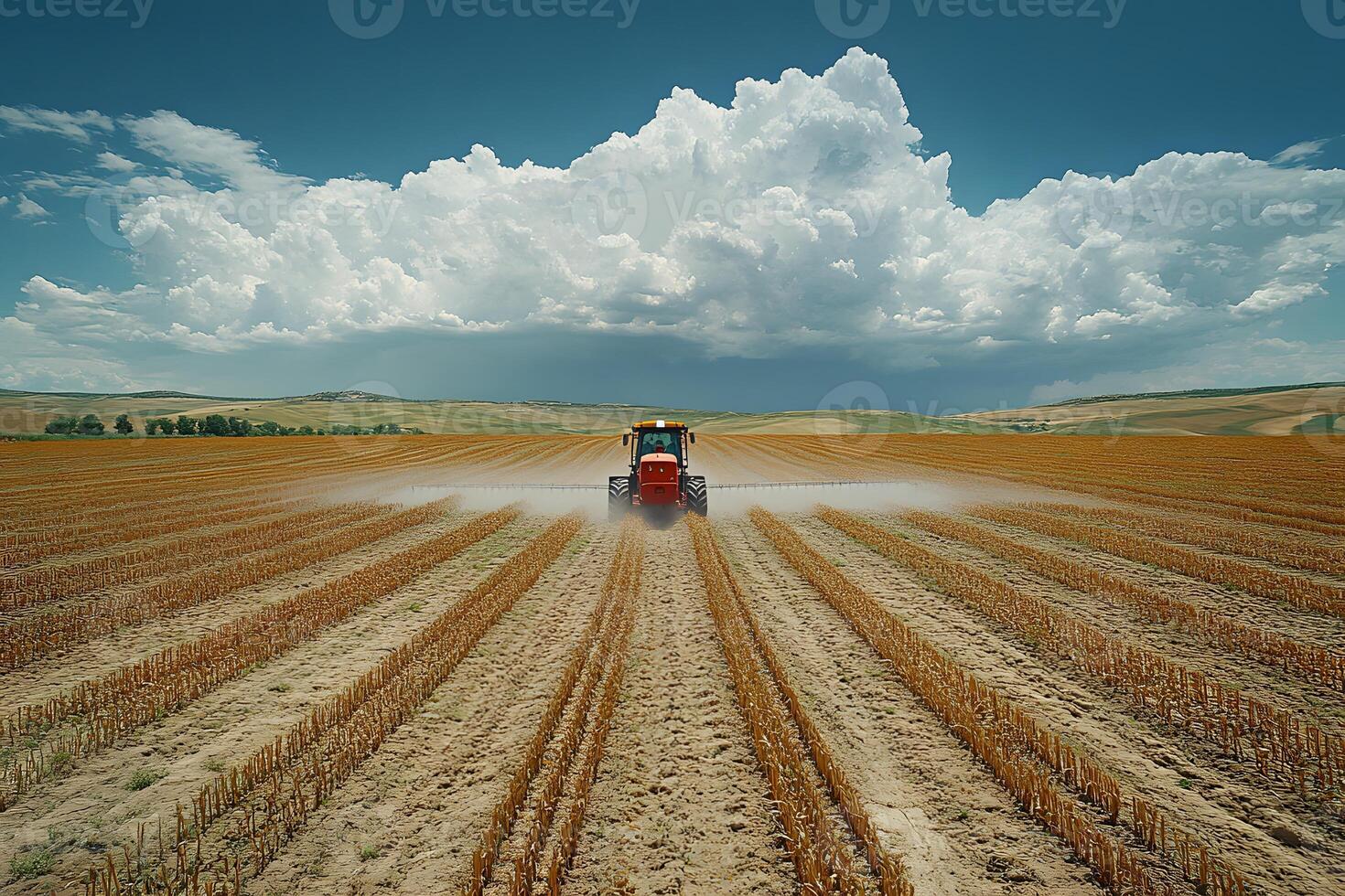 Agriculture and Farming Technology Tractor Spraying Field Under Dramatic Sky photo