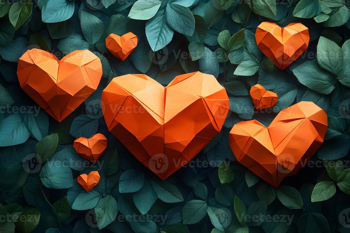 Geometric Orange Origami Hearts on Leafy Background for Romantic Decor and Design photo