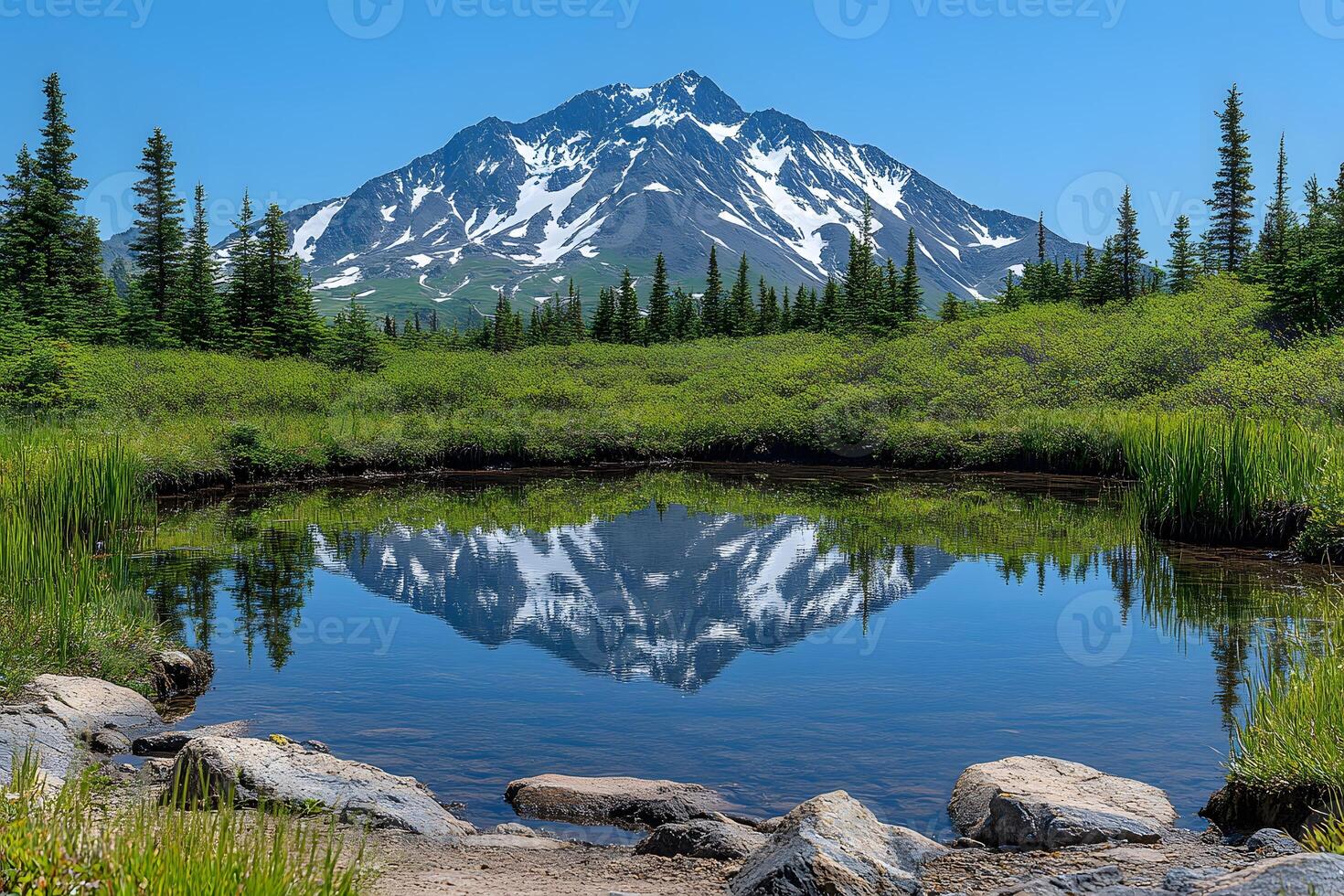 Tranquil Mountain Landscape with Snow-Capped Peak Reflection for Nature and Travel Photography photo