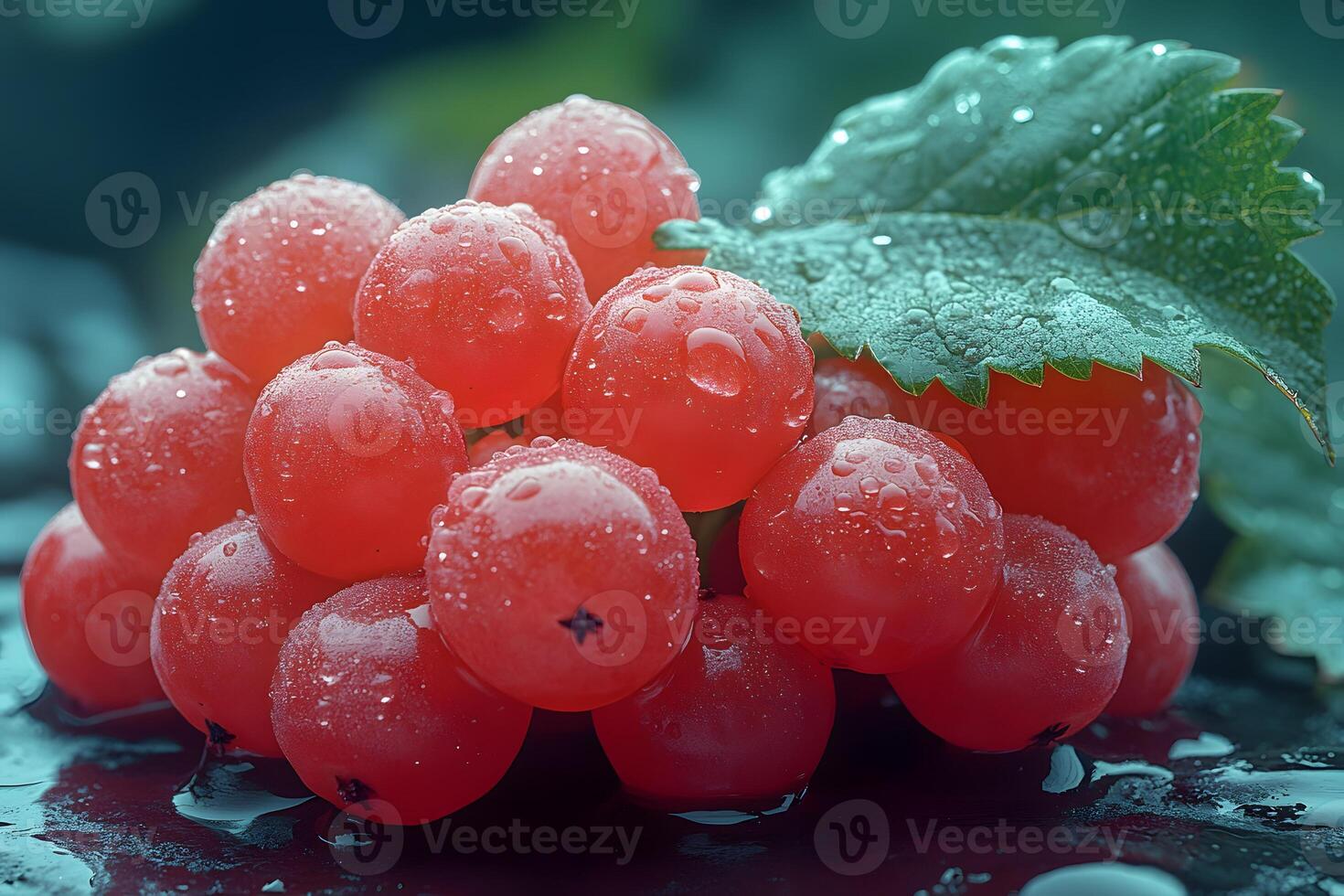 Fresh Red Currants with Dew on Leaf - Nature's Vibrant Harvest, Perfect for Culinary and Design Projects photo