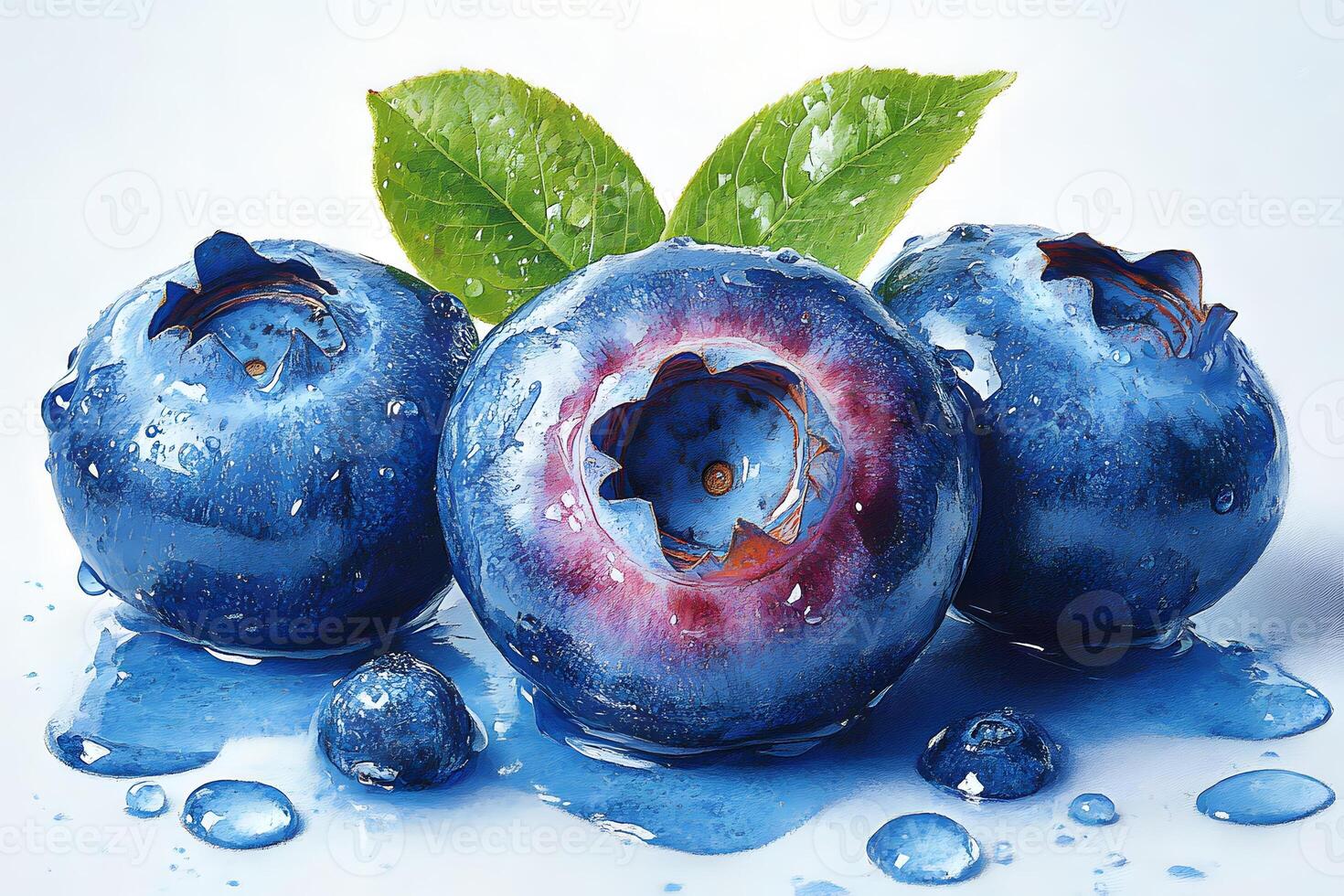 Fresh Blueberries with Water Droplets and Green Leaves - Ideal for Food and Nature-Themed Designs photo