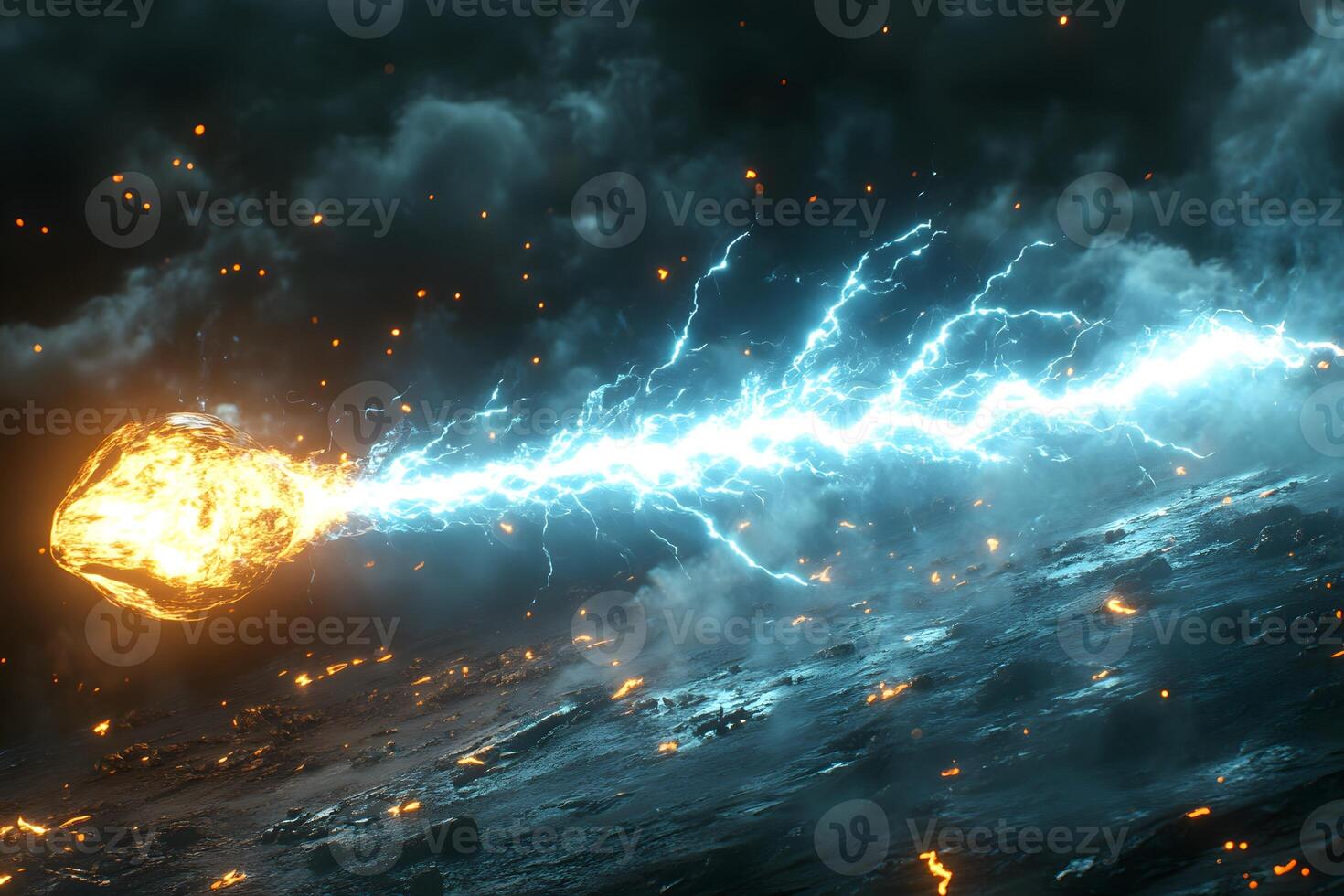 Meteor and Lightning Collision in Dramatic Night Sky - Fantasy and Sci-Fi Concept Art photo