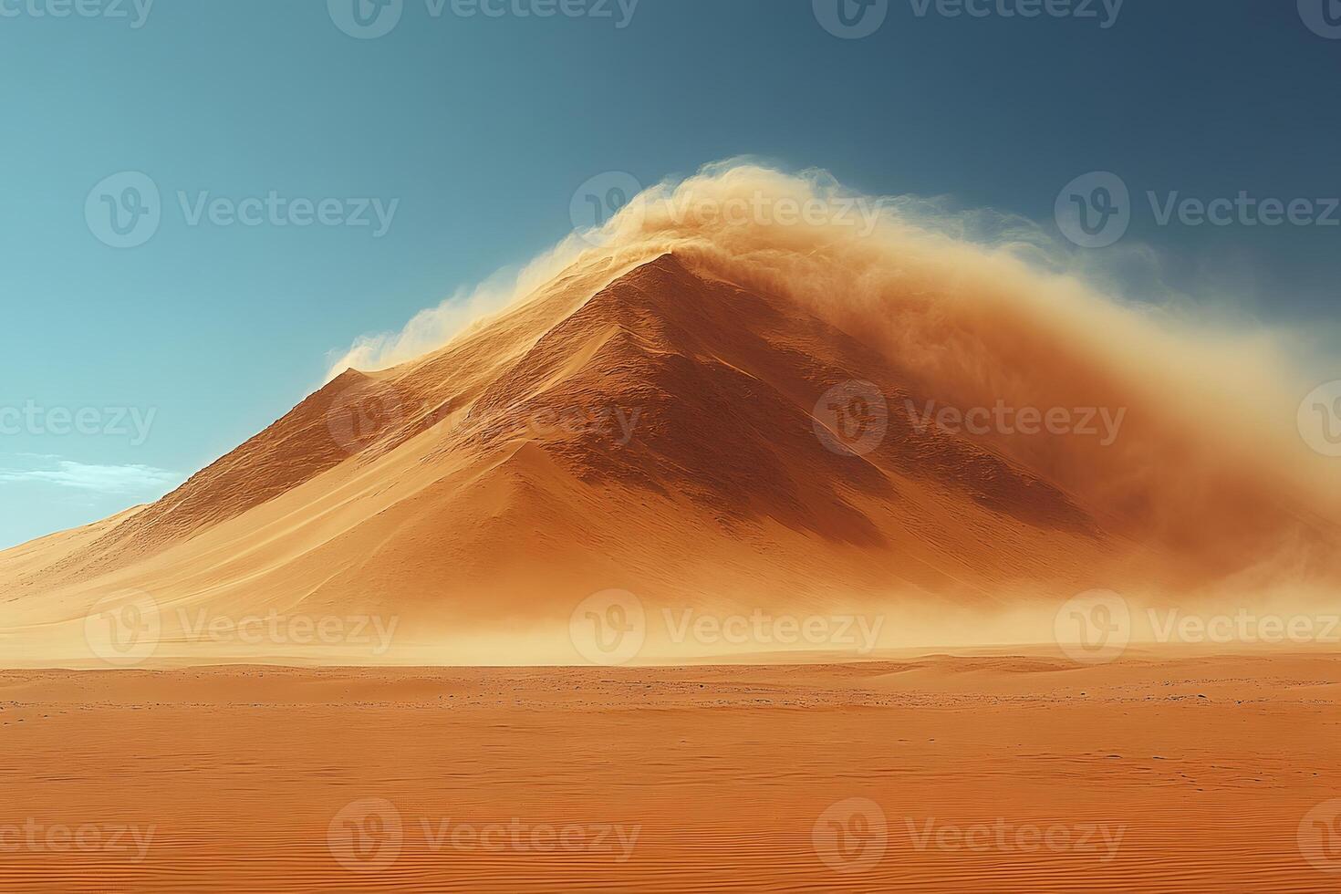 Majestic Sand Dune with Windswept Sand Under Clear Blue Sky for Desert Adventure Themes photo