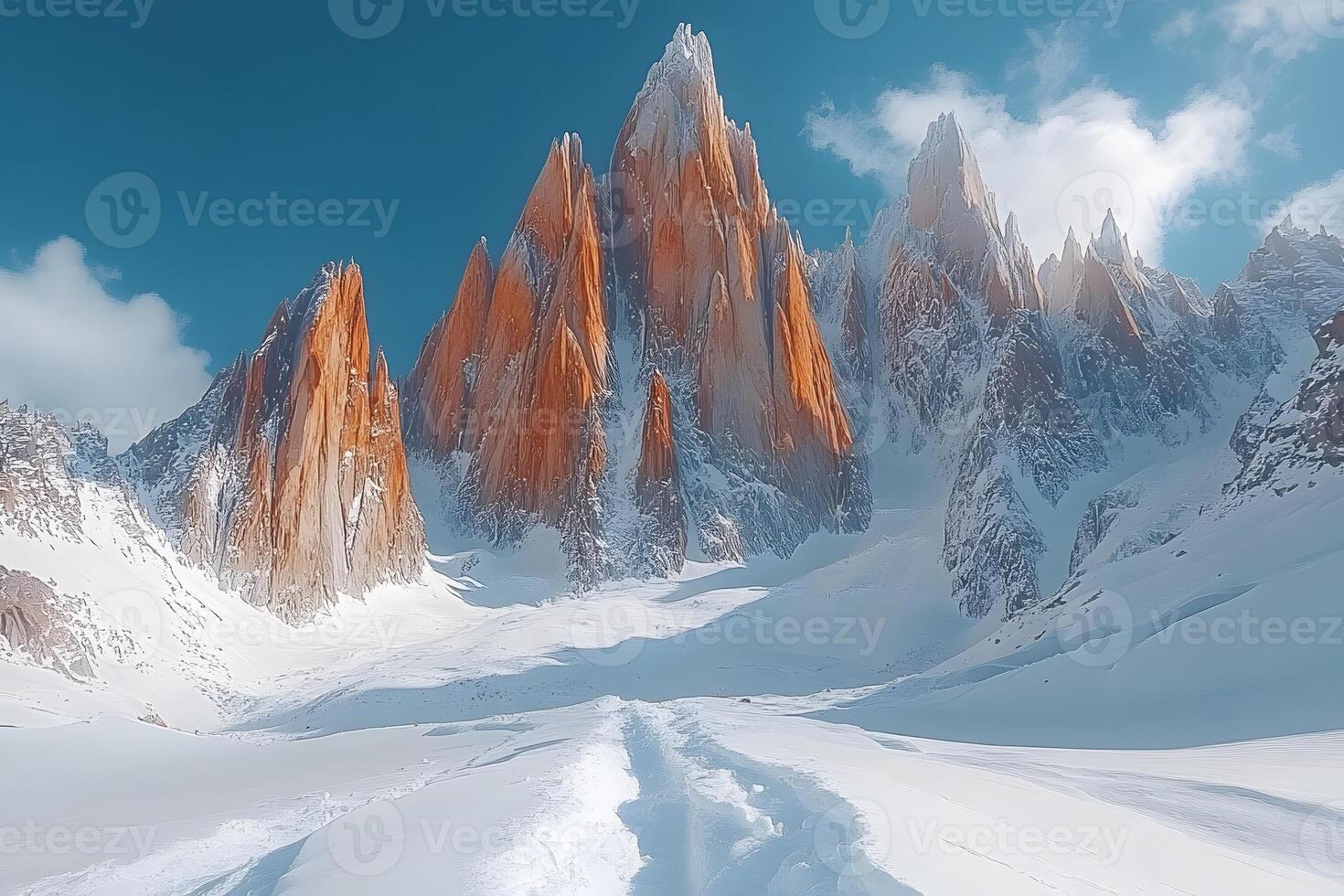Majestic Snowy Peaks of Rugged Red Mountain Range Under Blue Sky photo