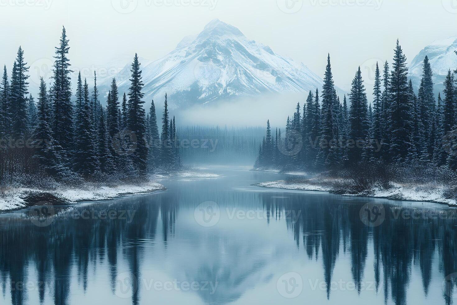 Serene Winter Landscape with Snowy Mountains and Reflection for Tranquility-Themed Designs photo