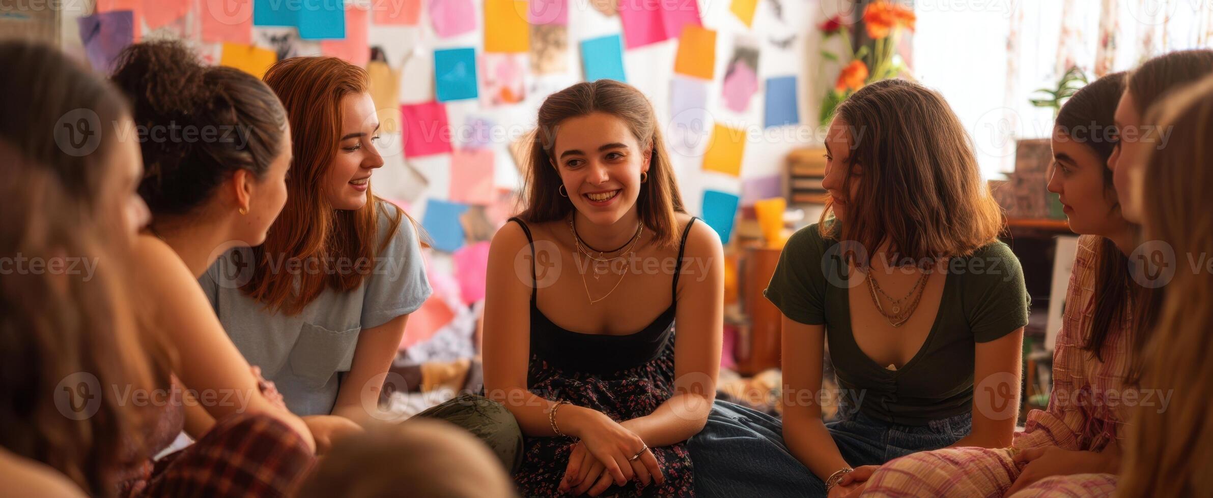 The joyful gathering of friends sharing stories and laughter in a colorful room. photo