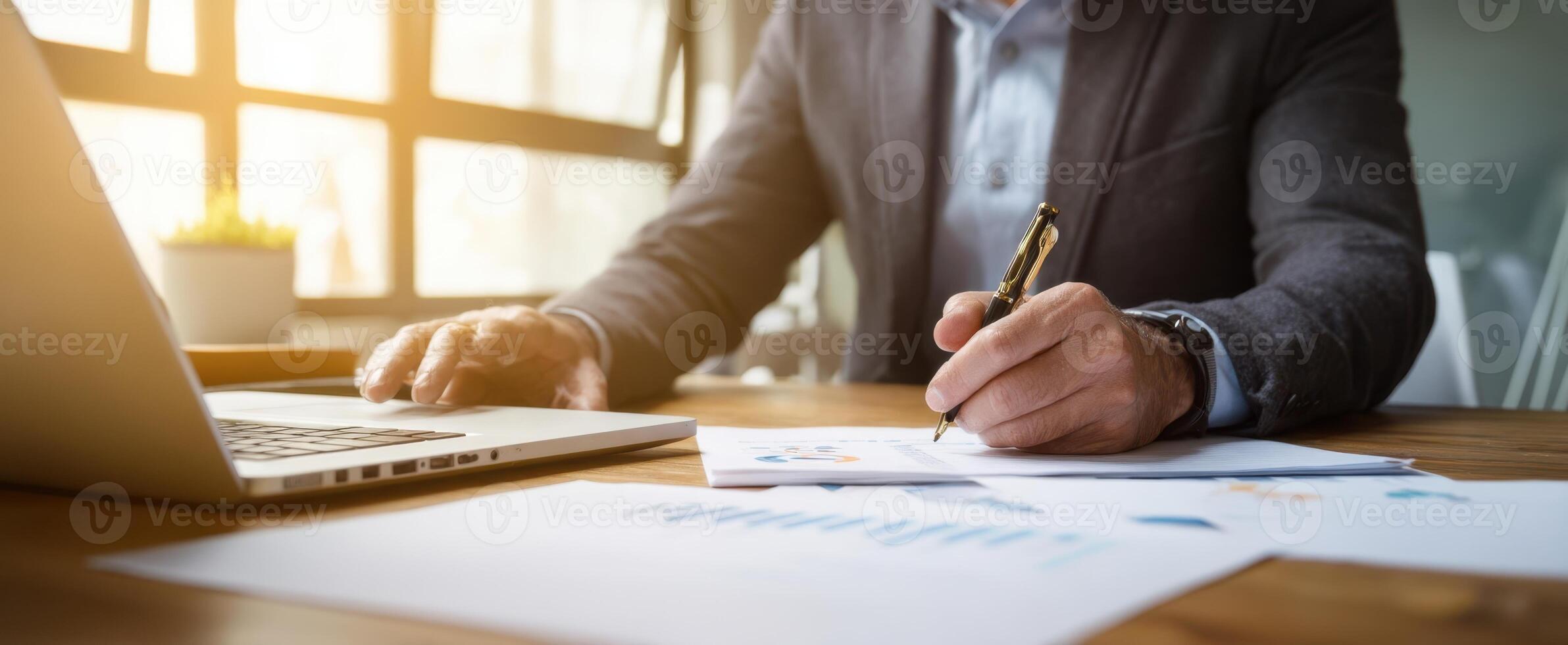 The businessman analyzing financial data while writing notes at his desk. photo