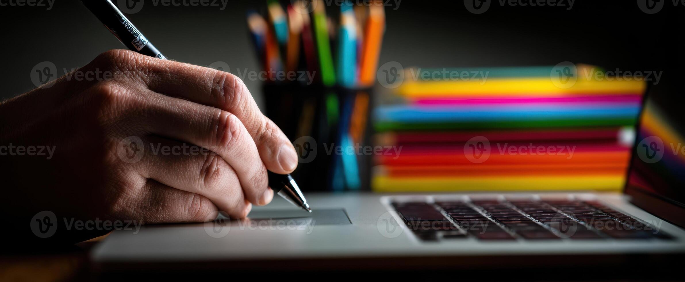 The pen glides across a laptop in a colorful creative workspace. photo