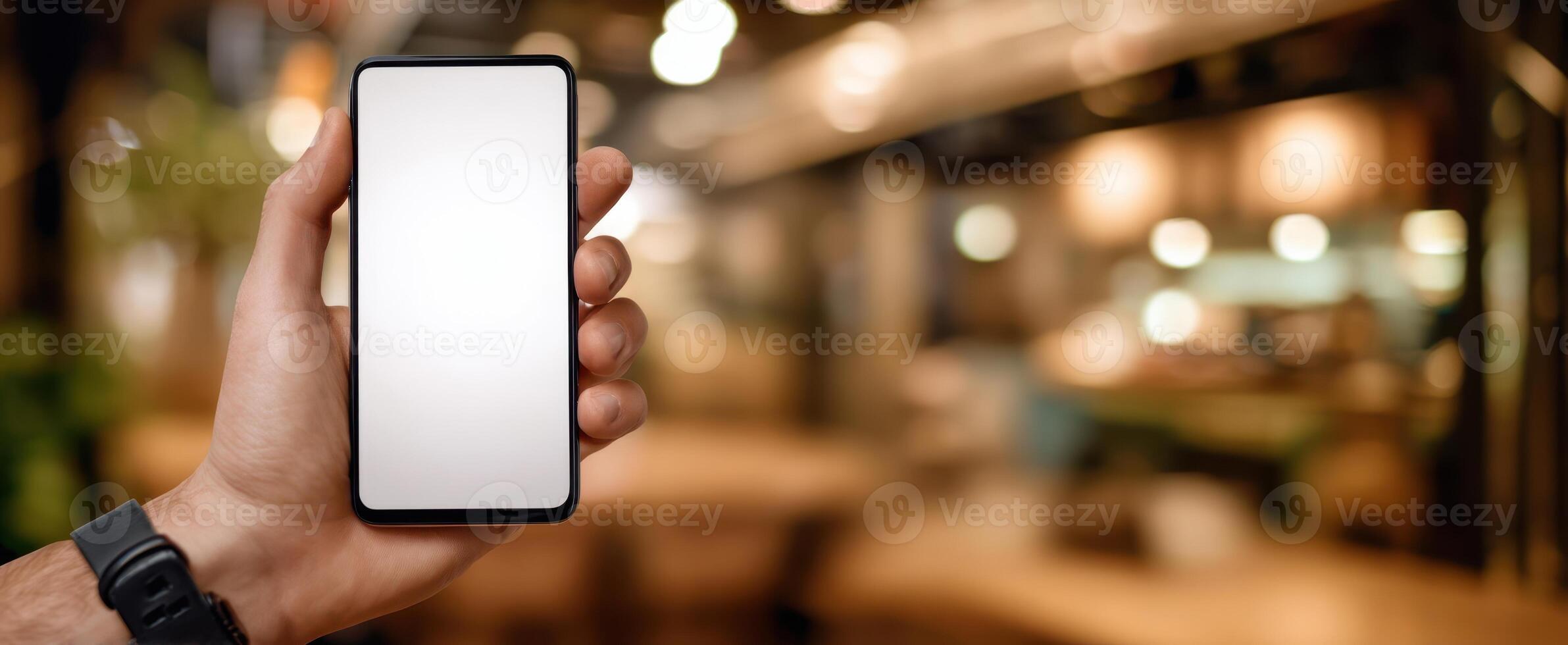 The hand holding a smartphone in a modern cafe setting with blurred background. photo