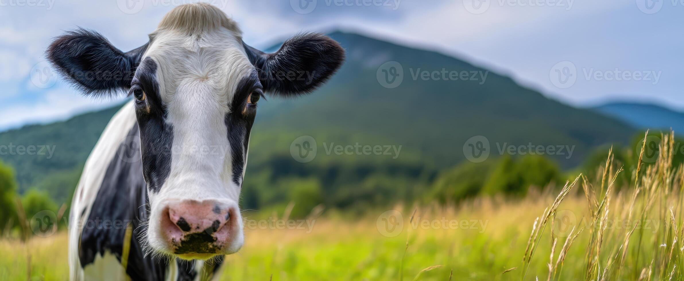 The cow standing majestically in a lush meadow with mountains in the background. photo