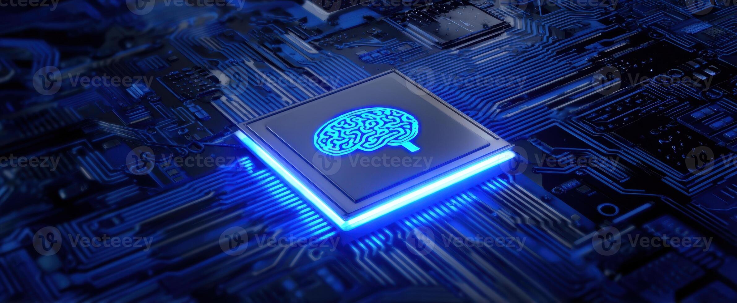 The microchip with a glowing brain symbol on a circuit board. photo