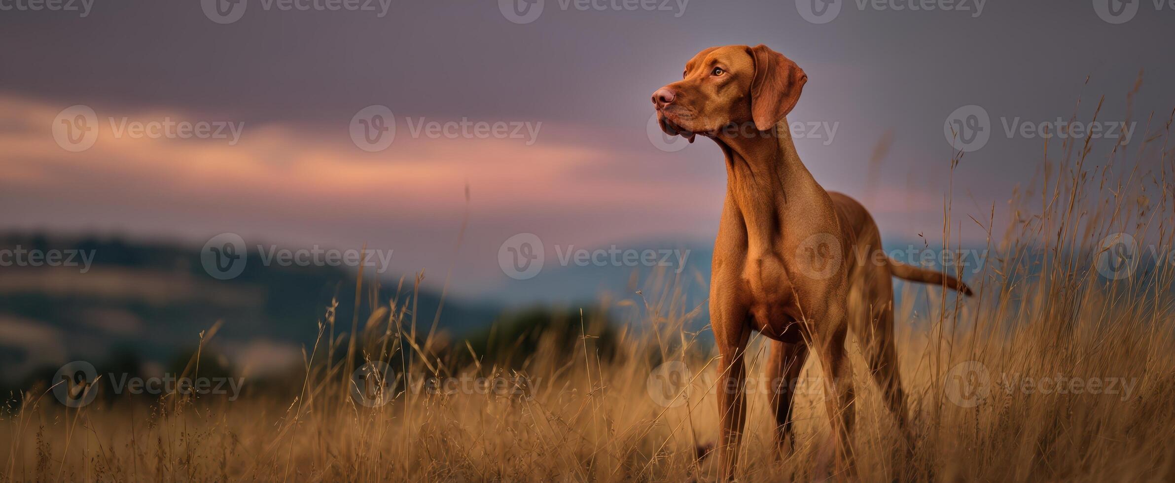 The majestic dog standing proud against a beautiful sunset background. photo