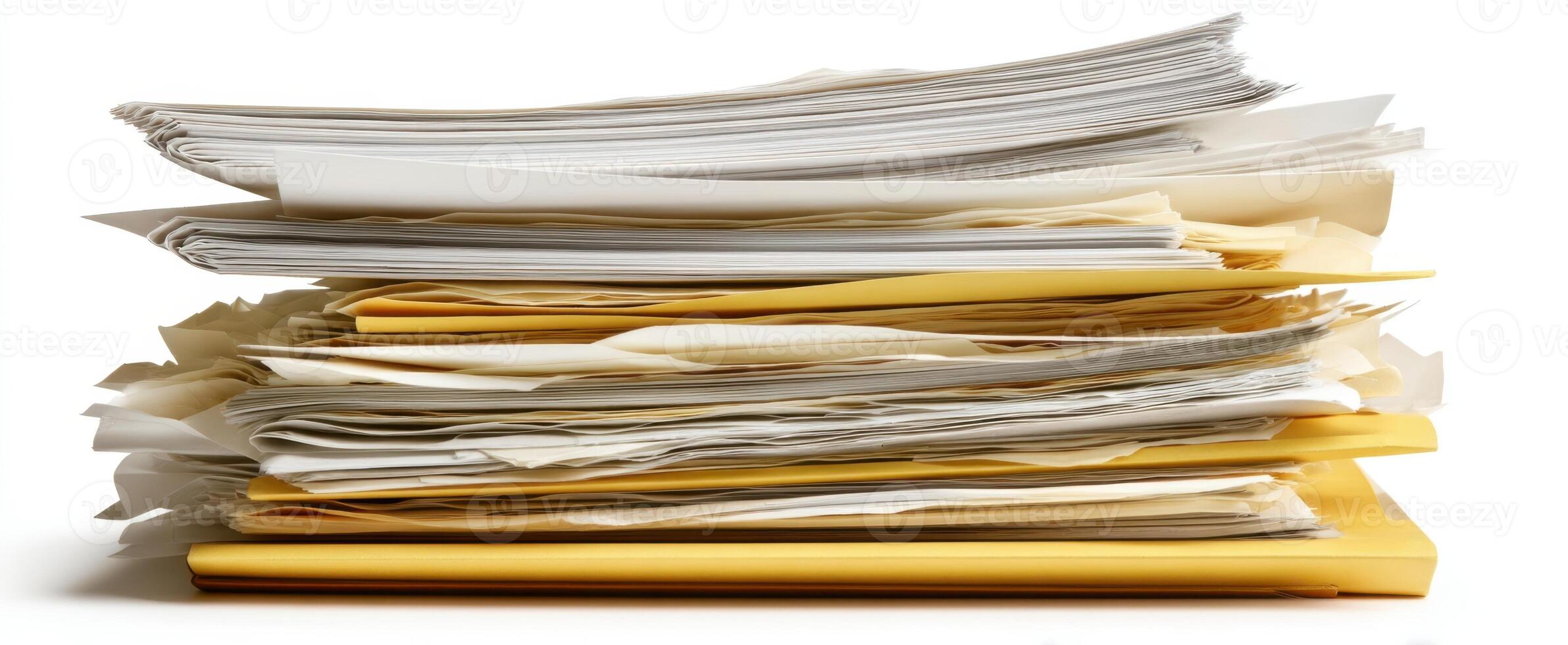 The stack of assorted papers and folders arranged for office organization. photo