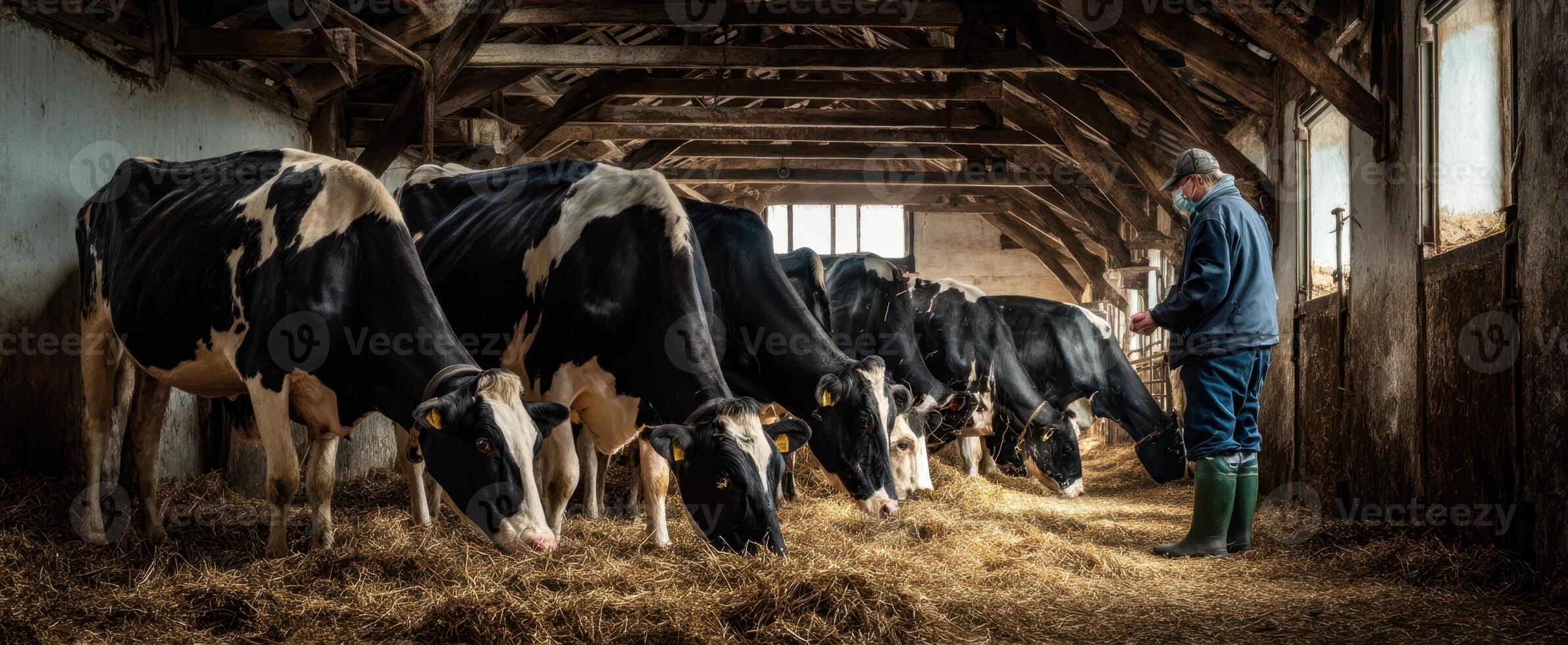 The farmer oversees dairy cows in a rustic barn setting. photo