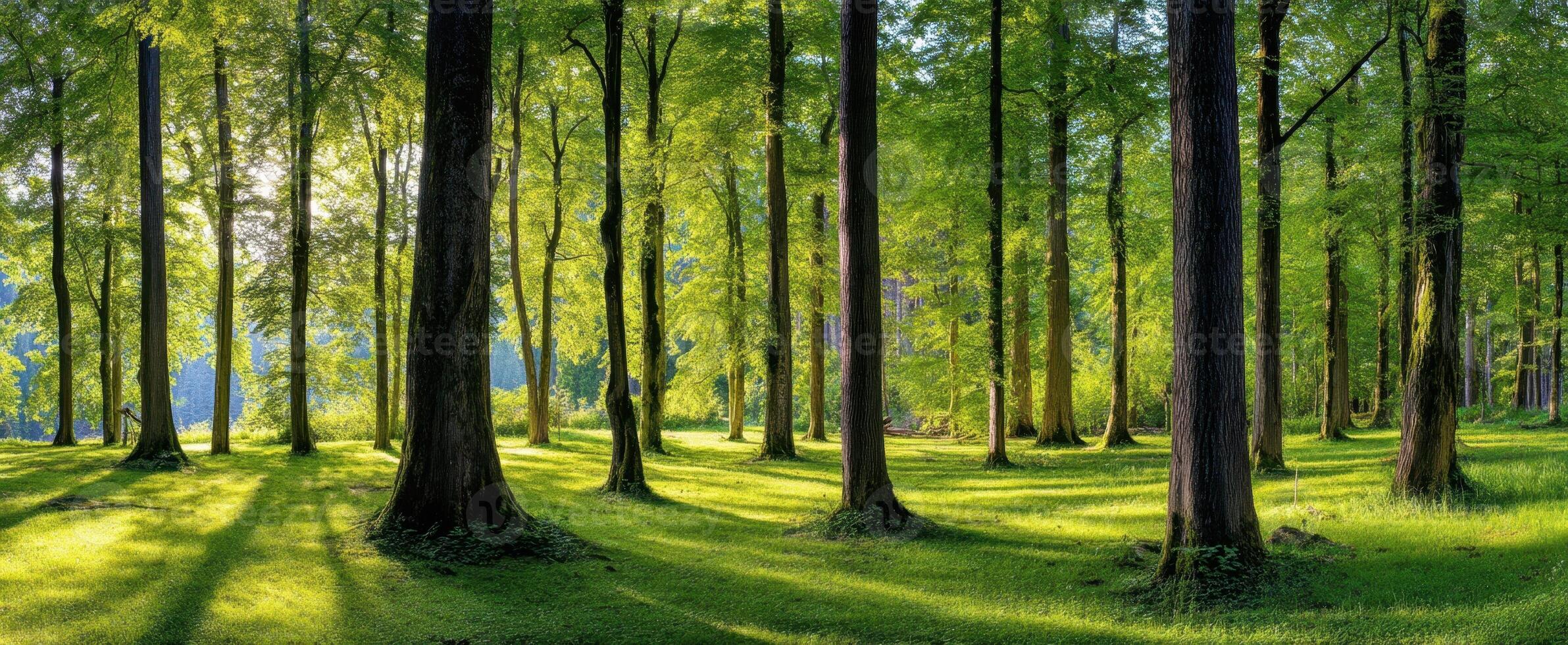 The serene forest landscape bathed in golden sunlight and vibrant greenery. photo