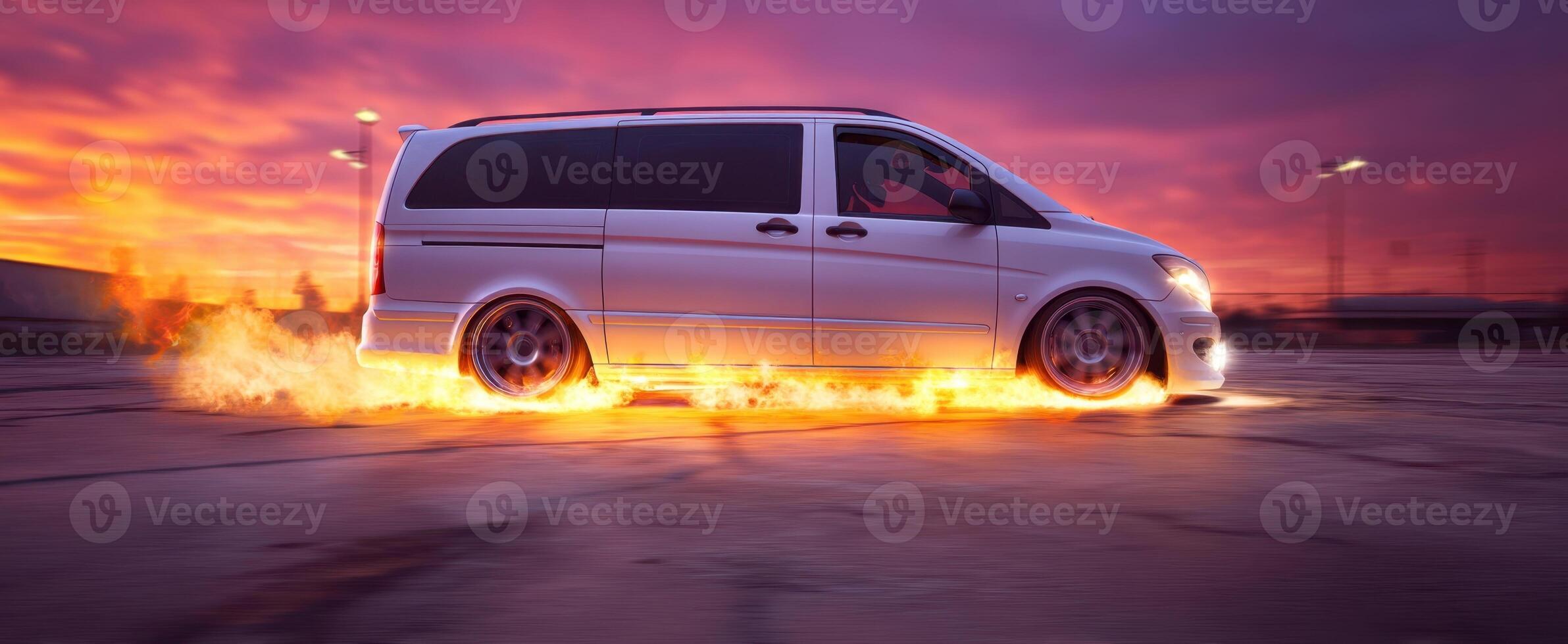 The van leaving fiery trails at sunset, showcasing motion and excitement. photo