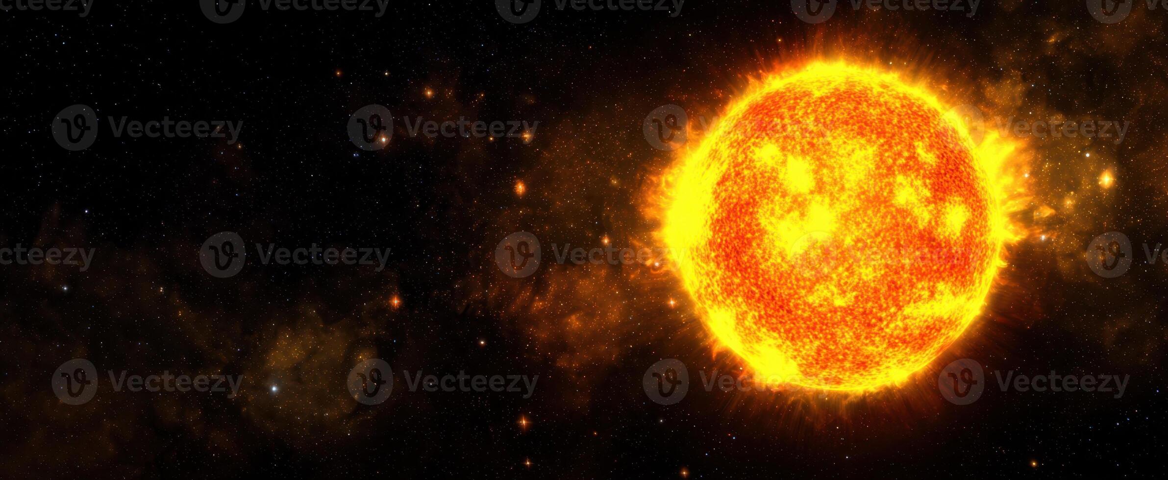 The glowing sun surrounded by the vastness of the cosmos. photo