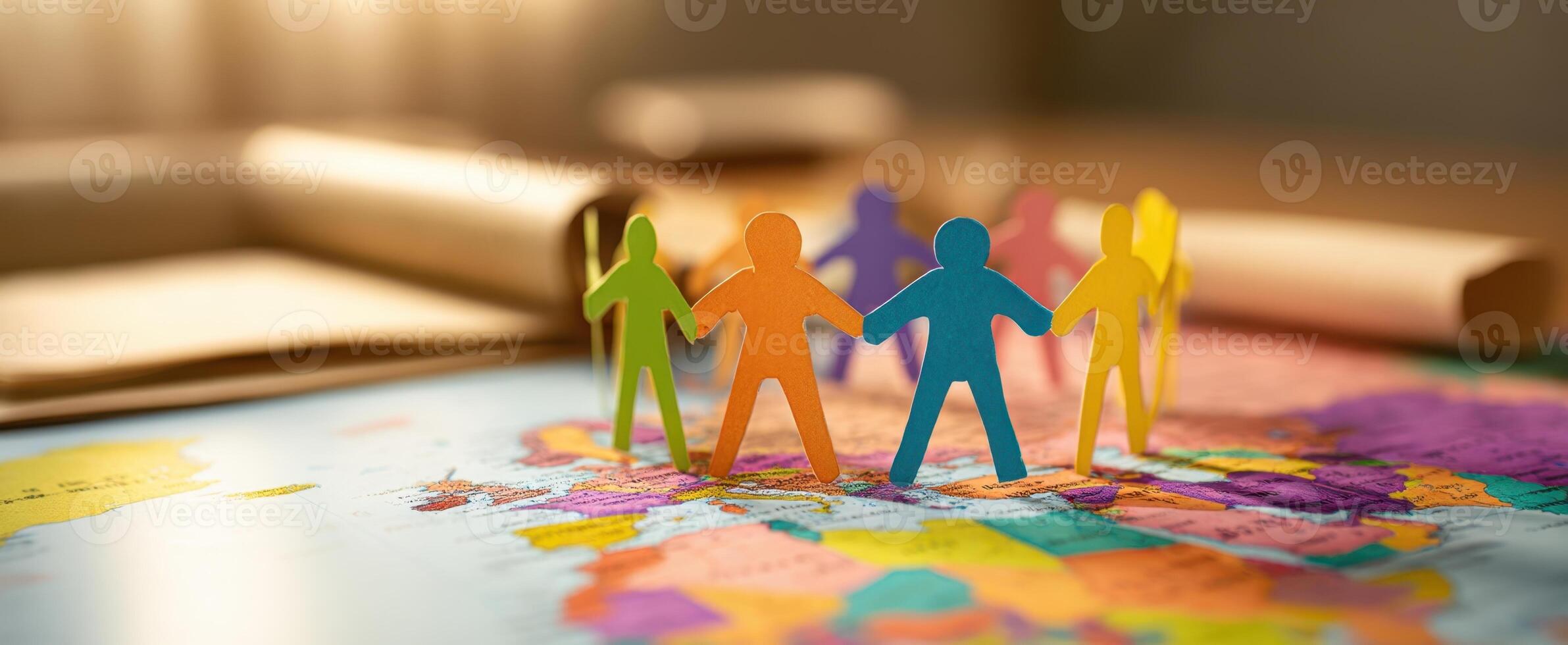 The colorful paper figures representing unity on a world map. photo