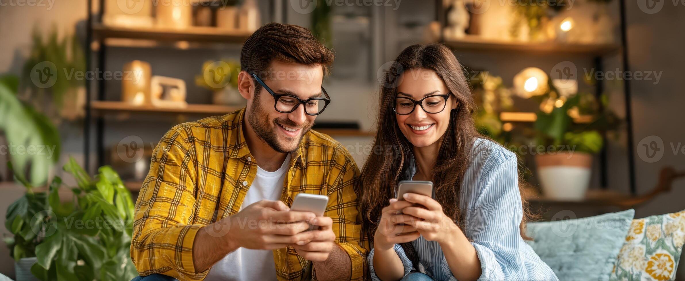 The couple enjoying their time together while using smartphones at home. photo