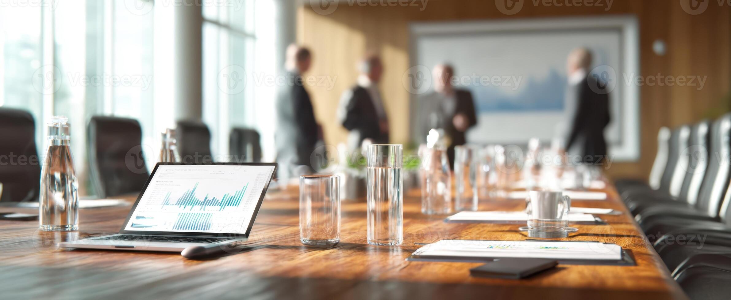The modern conference table with a laptop displaying business data and discussions underway. photo