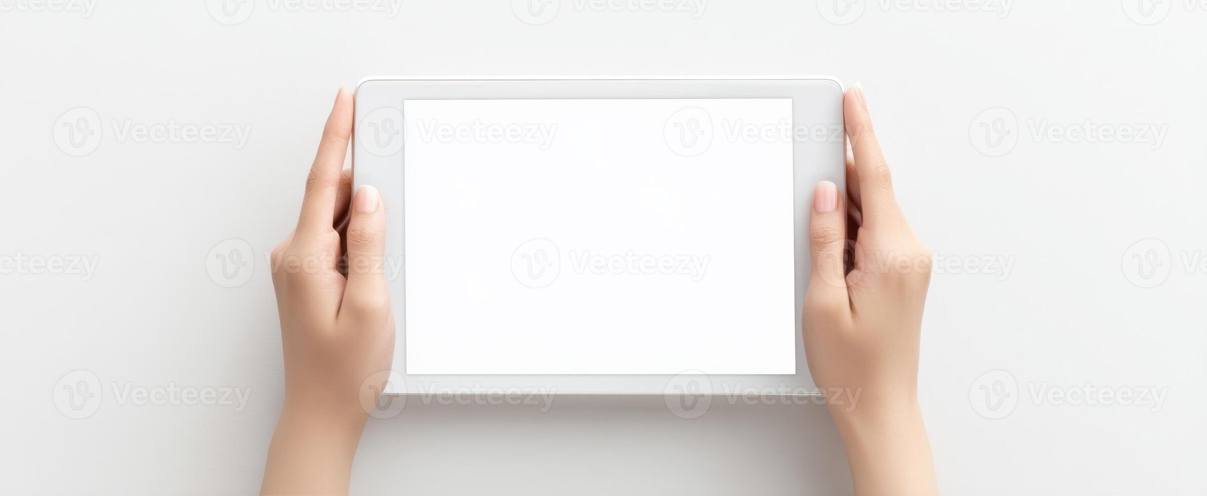 The tablet held in hands against a white background for mockup purposes. photo