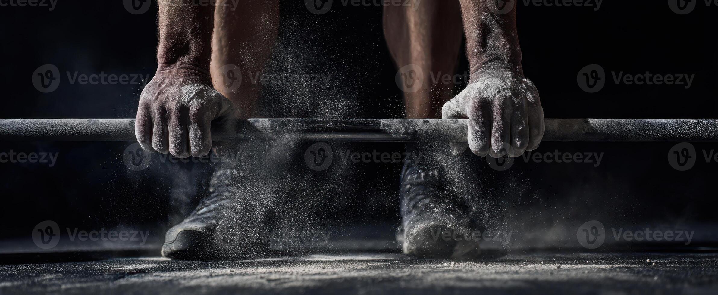 The intense moment of an athlete lifting a barbell in a gym setting photo
