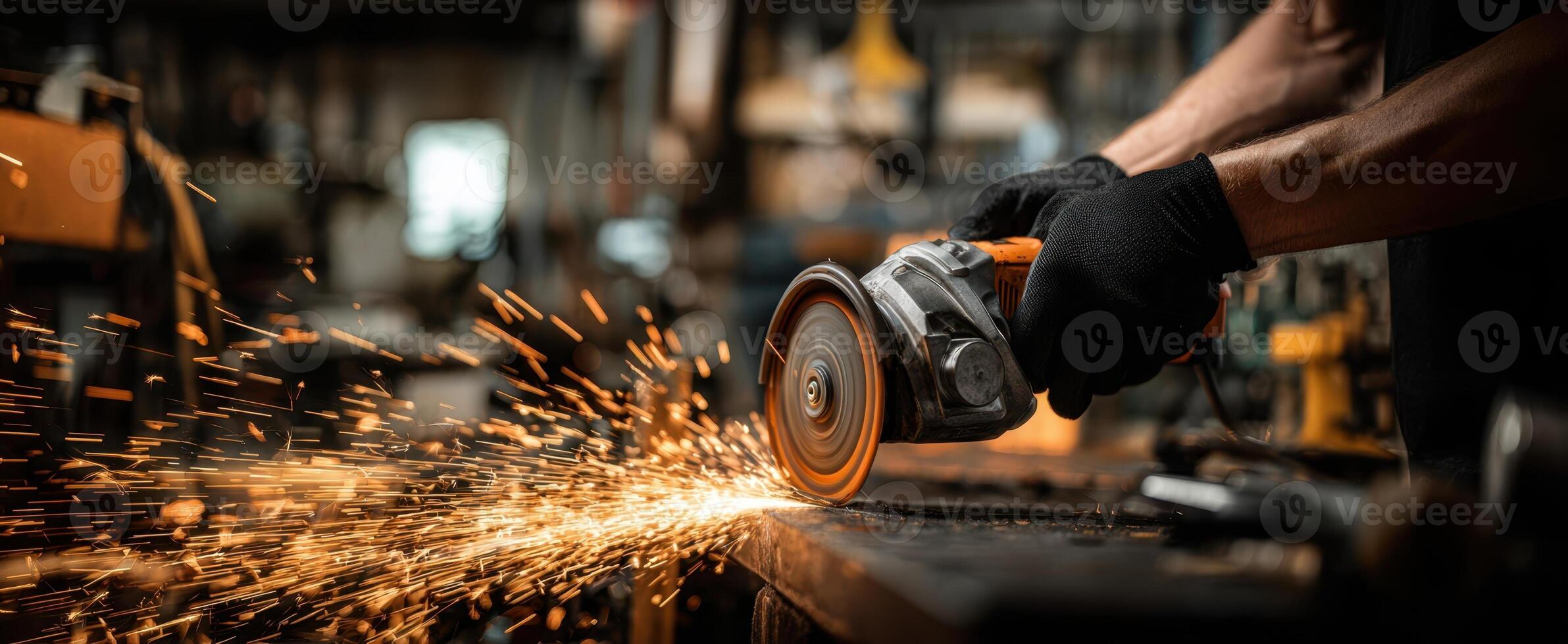 The powerful angle grinder creating sparks in a busy workshop environment. photo