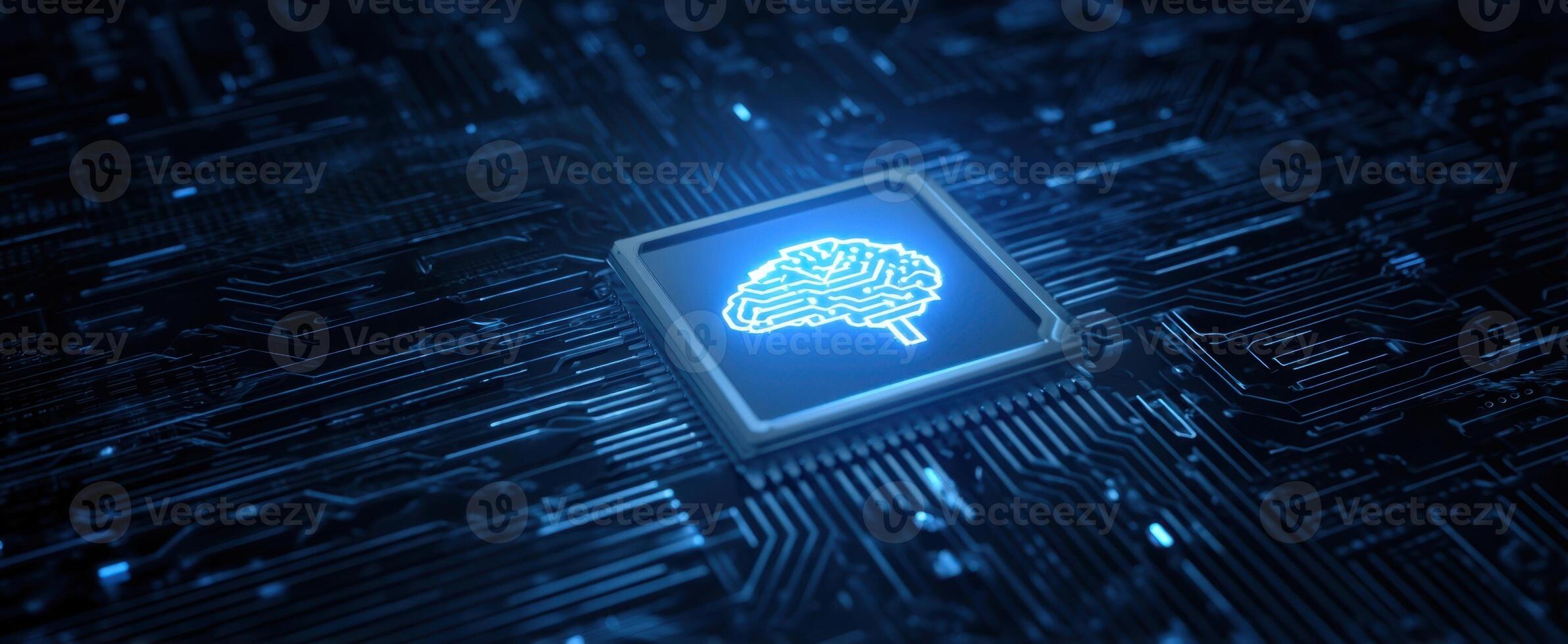 The glowing brain design on a microchip in a digital circuit environment. photo