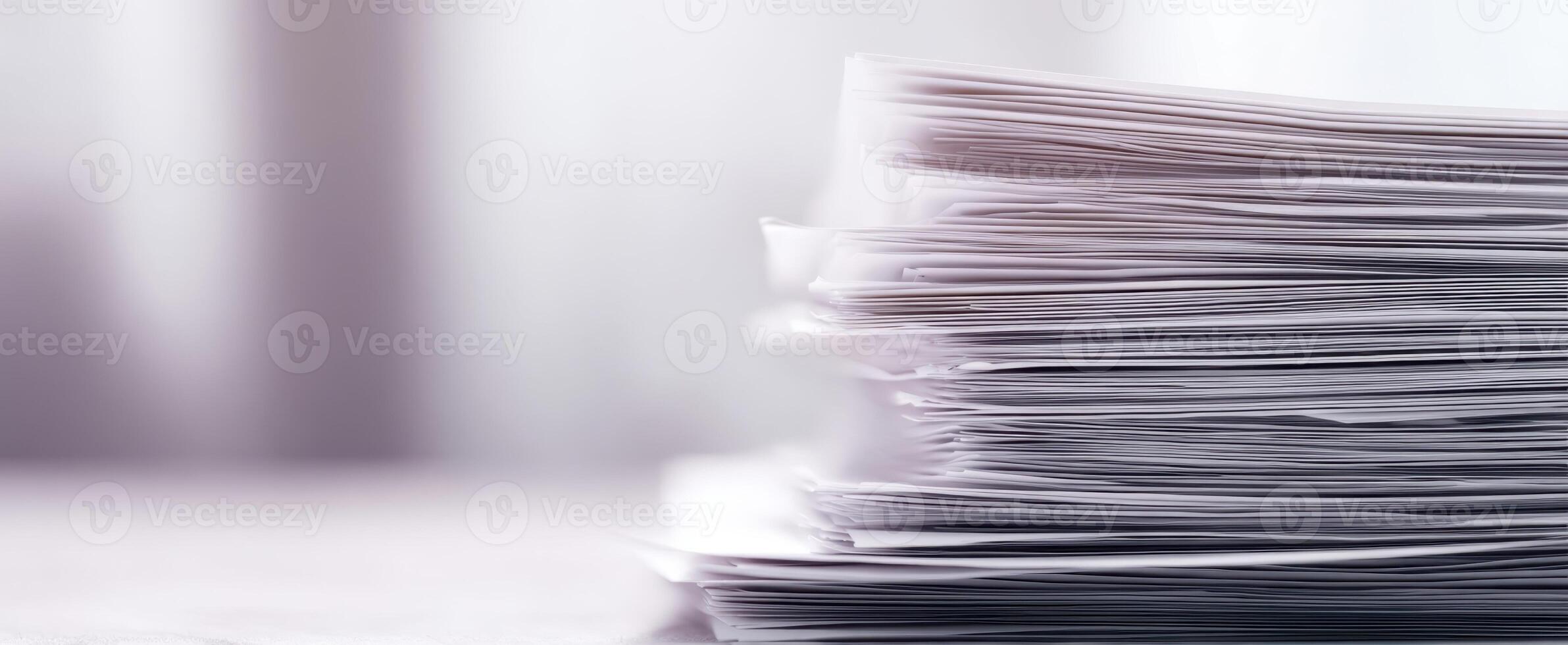 The focused stack of paperwork on a desk in a minimalist office environment. photo