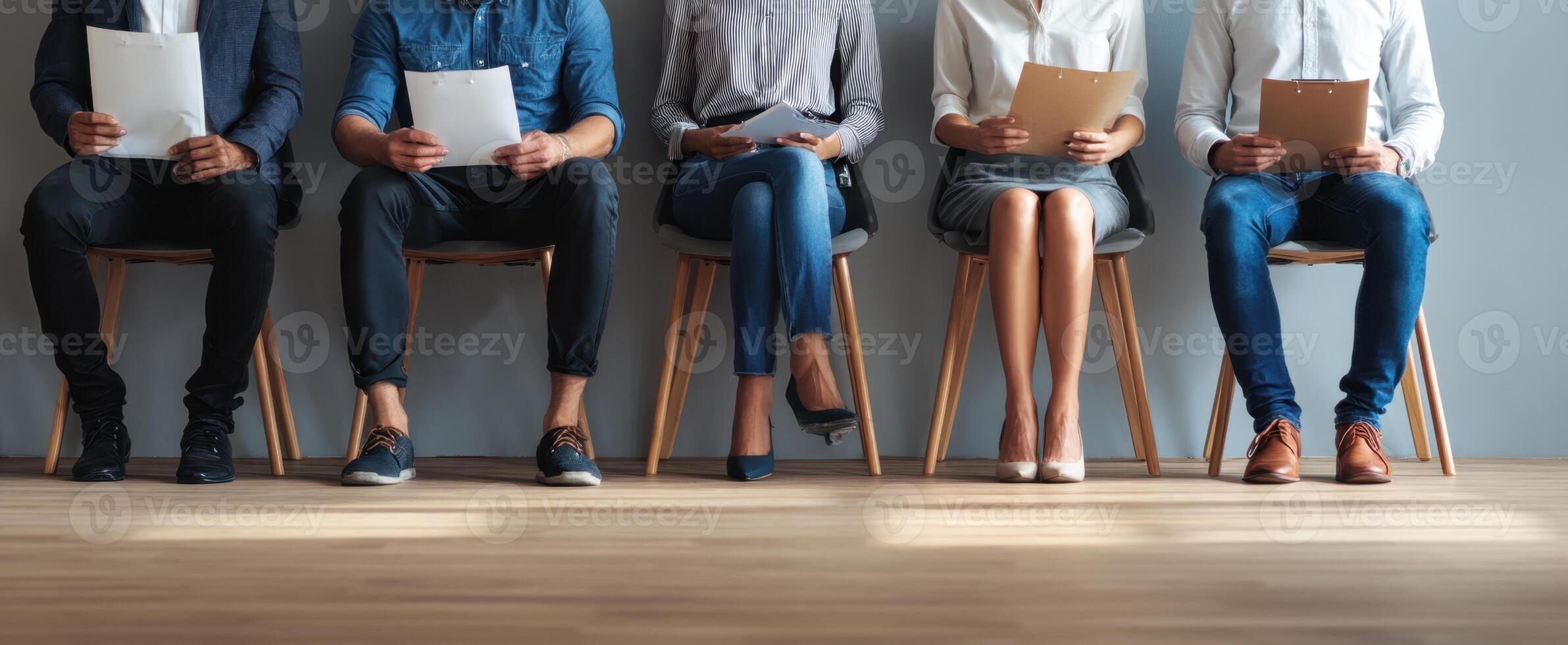 The group of candidates preparing for a job interview in a modern setting. photo