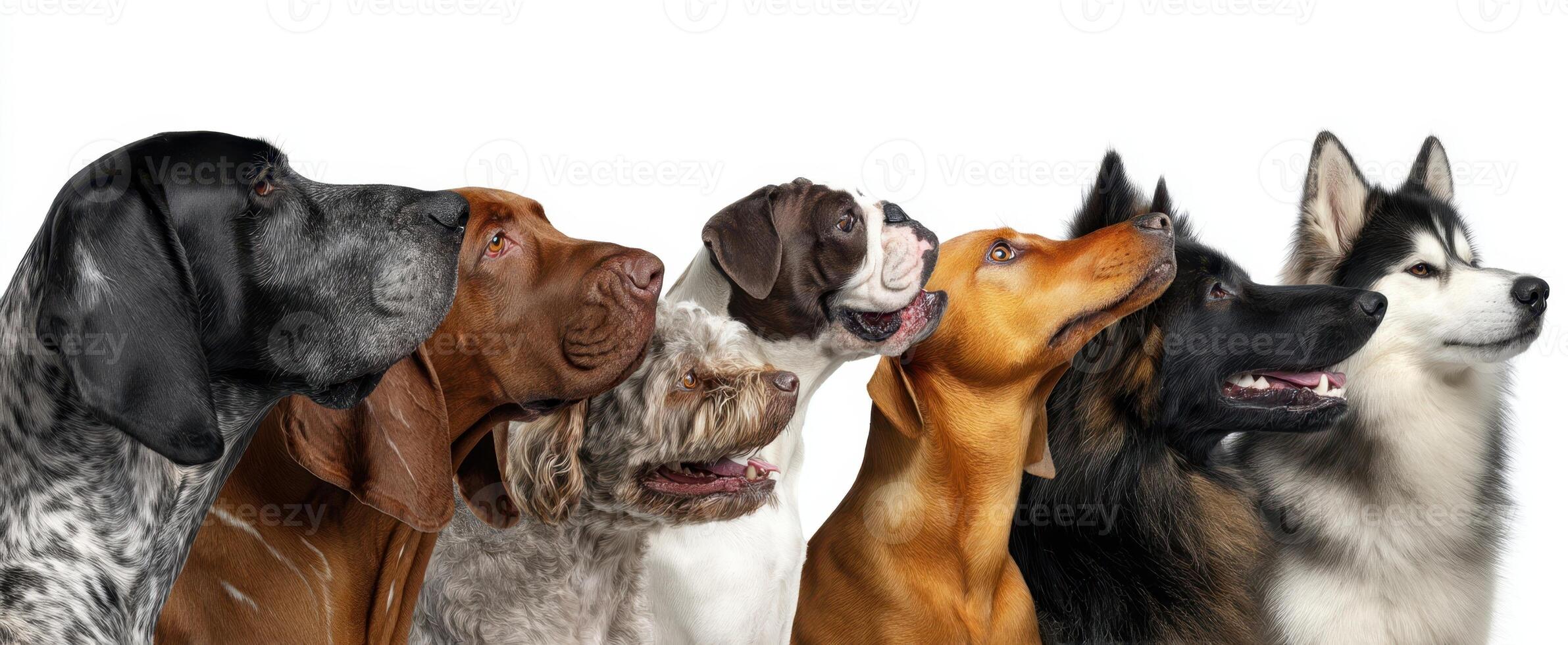 The diverse pack of dogs showcasing various breeds and adorable expressions photo