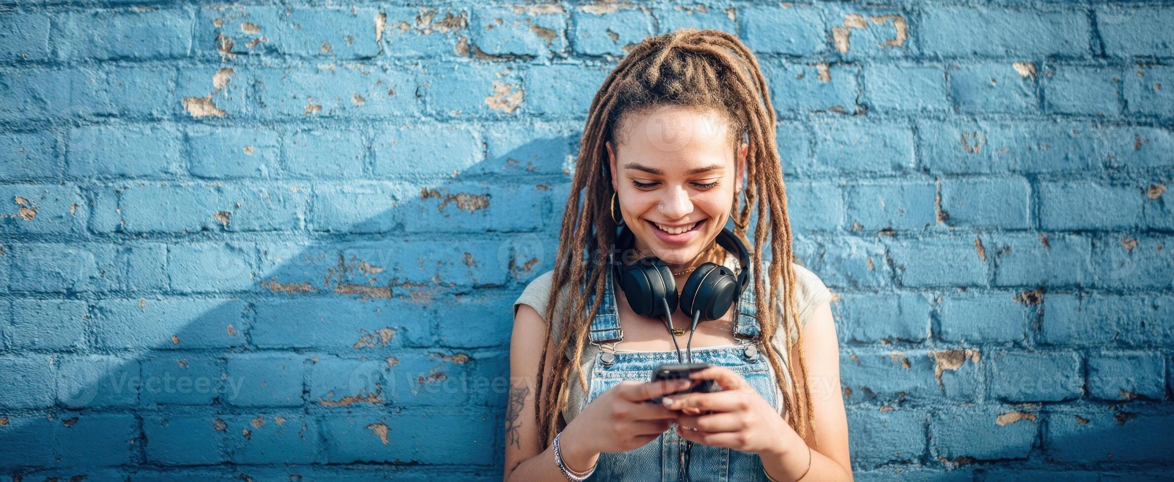 The cheerful girl enjoying music on her smartphone against a blue wall. photo