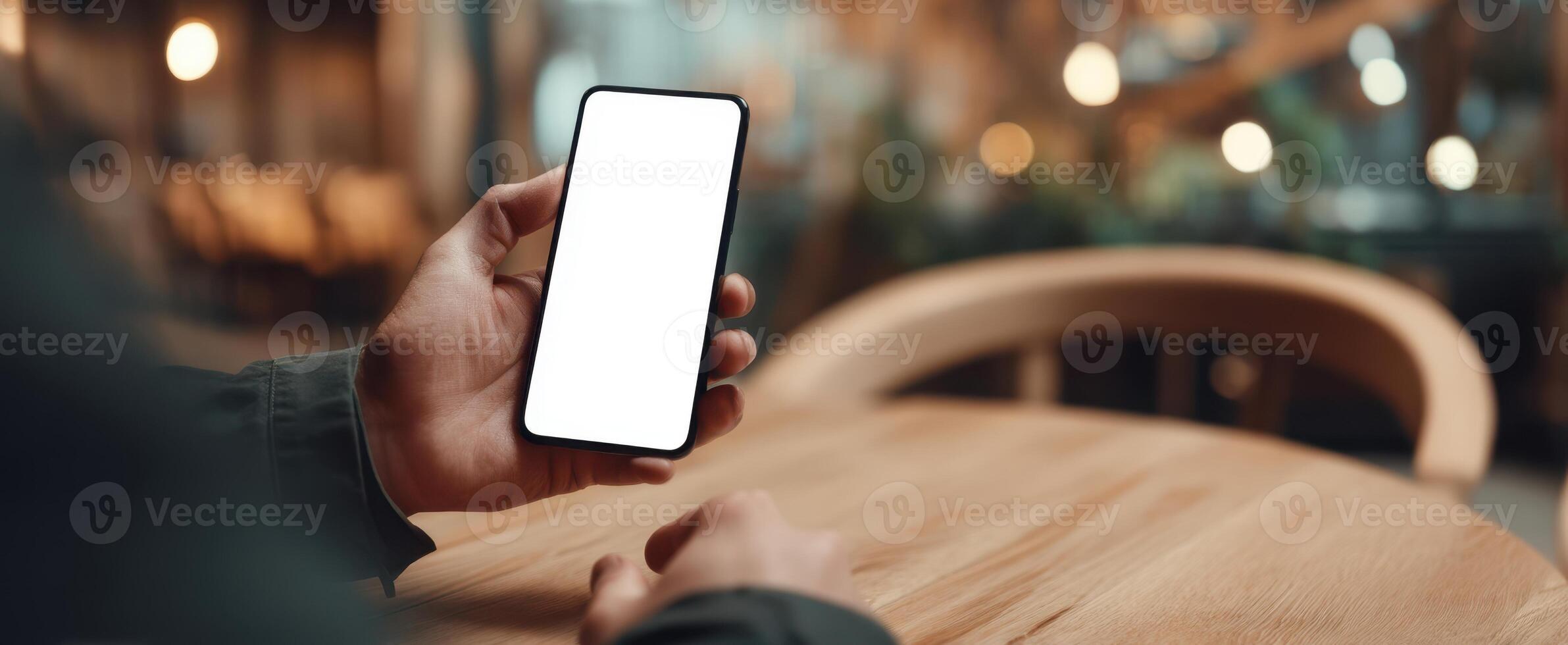 The smartphone held in a person's hand at a stylish caf setting. photo