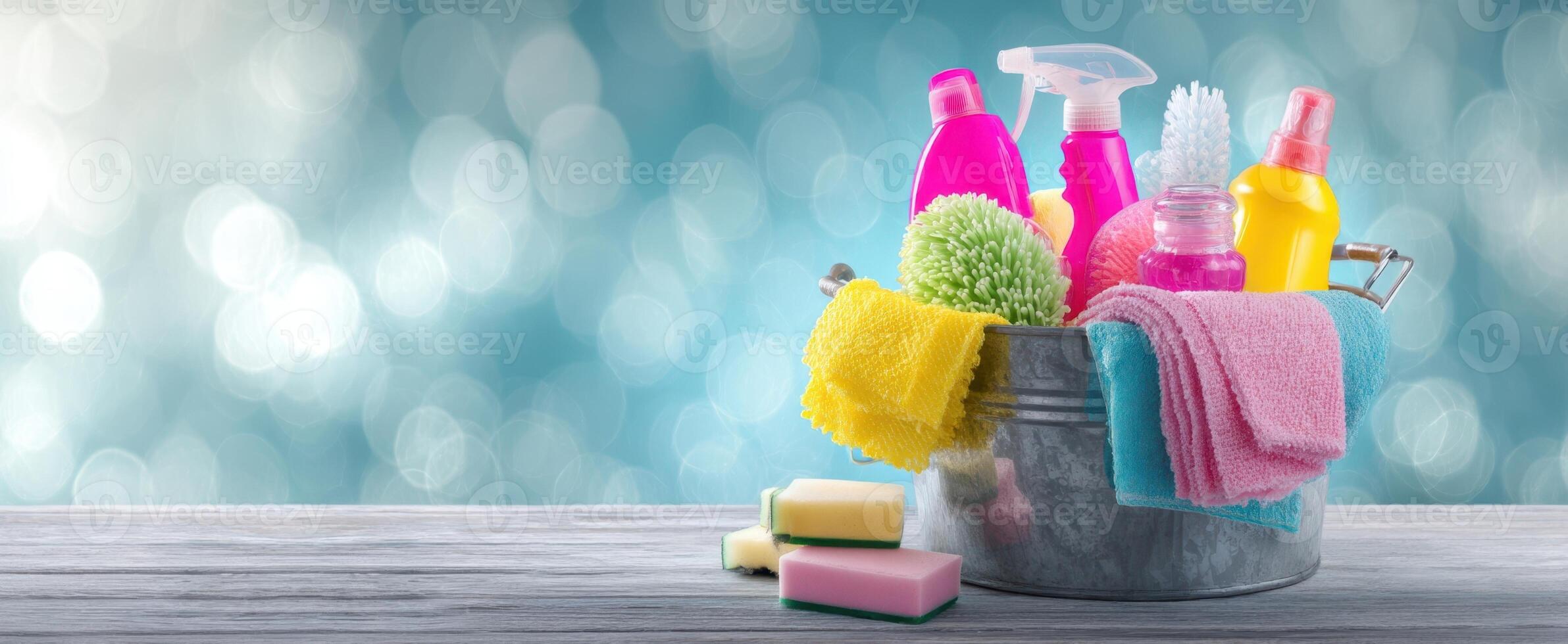 The colorful cleaning supplies arranged in a stylish bucket against a shimmering background. photo