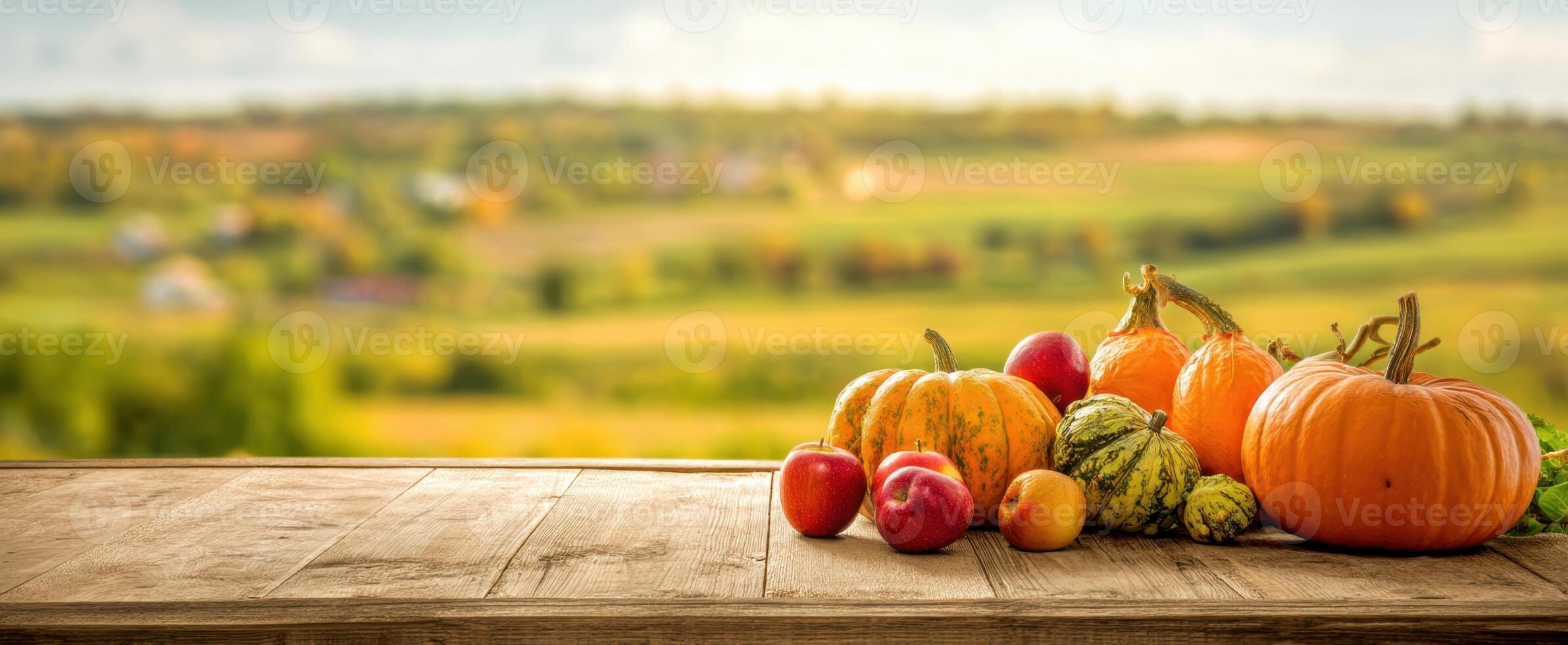 Autumn harvest table with pumpkins and other vegetables on a table in the countryside photo