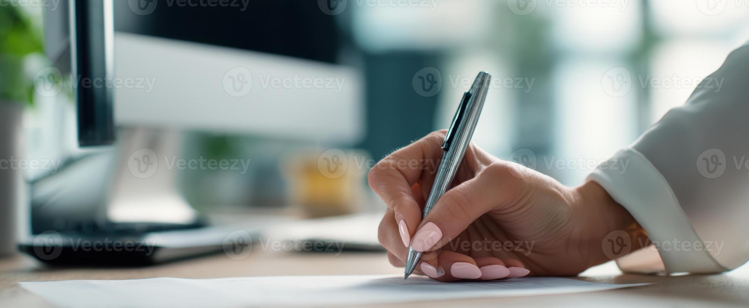 The elegant hand writing with a pen in a modern office space. photo