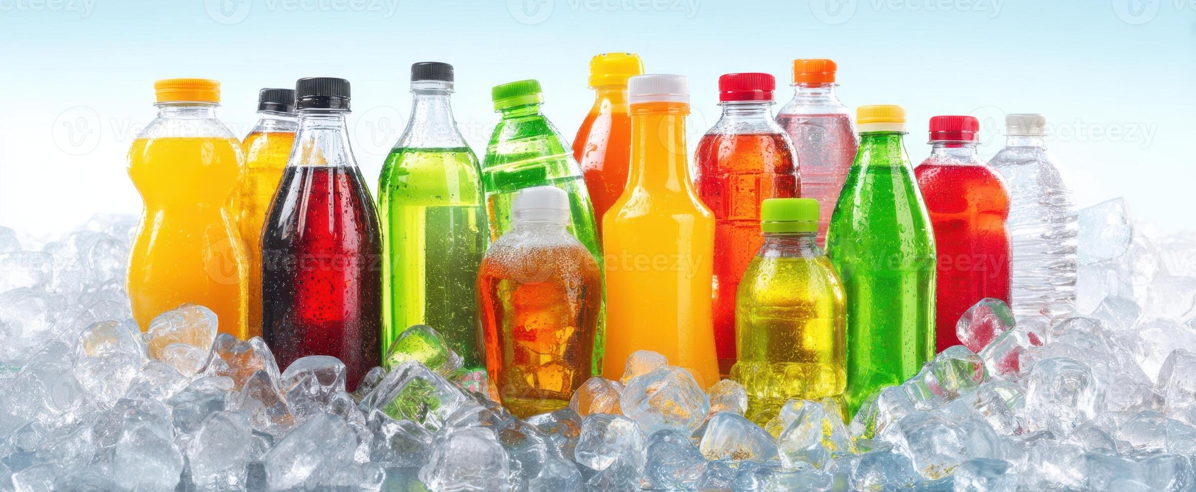 The assortment of colorful beverages displayed on ice for a refreshing summer experience photo