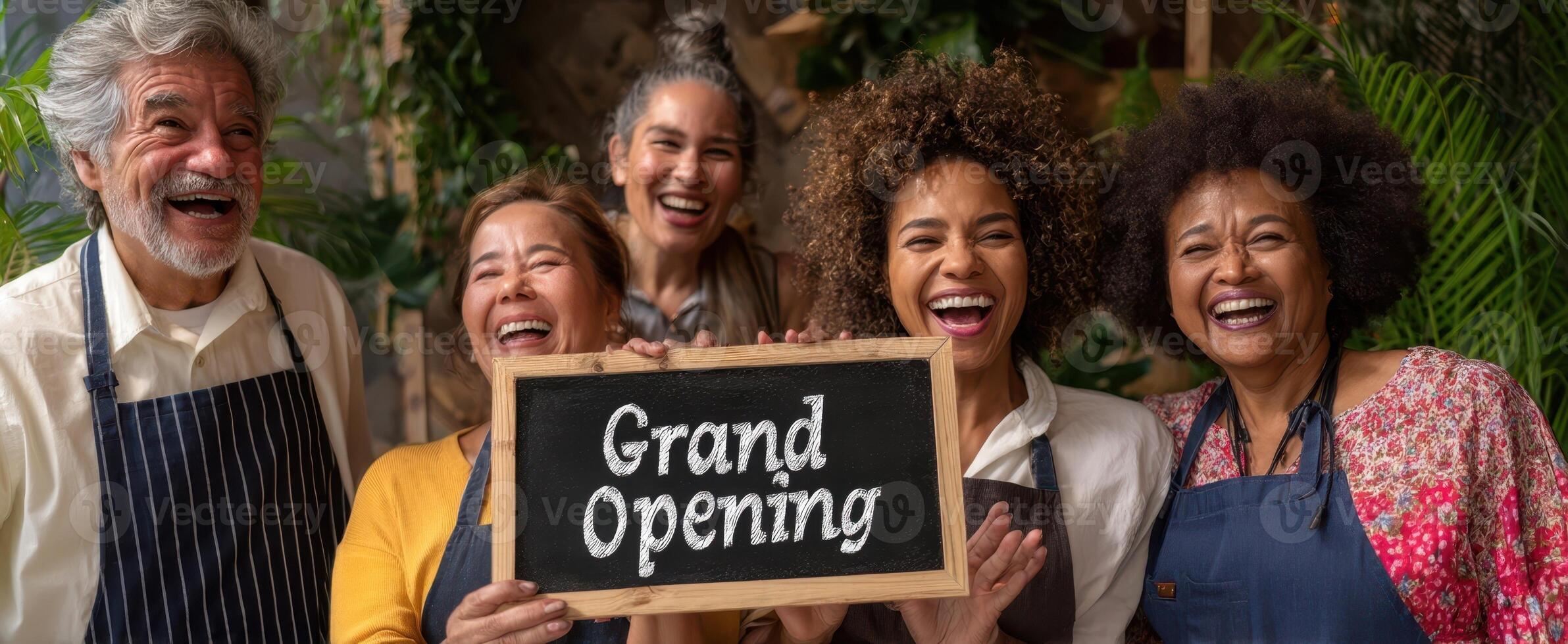 The joyful team celebrating the grand opening of their new business. photo