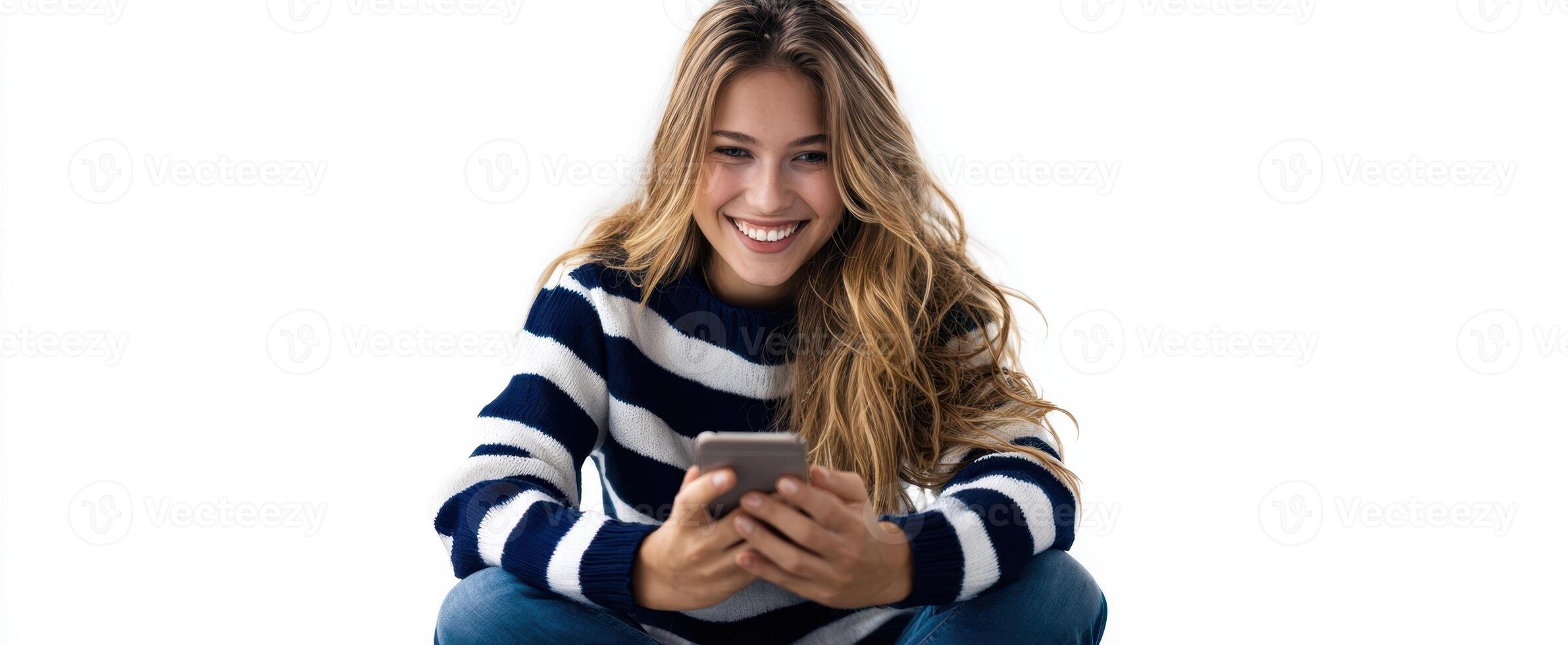 The smiling woman enjoying her smartphone in a cozy casual setting. photo