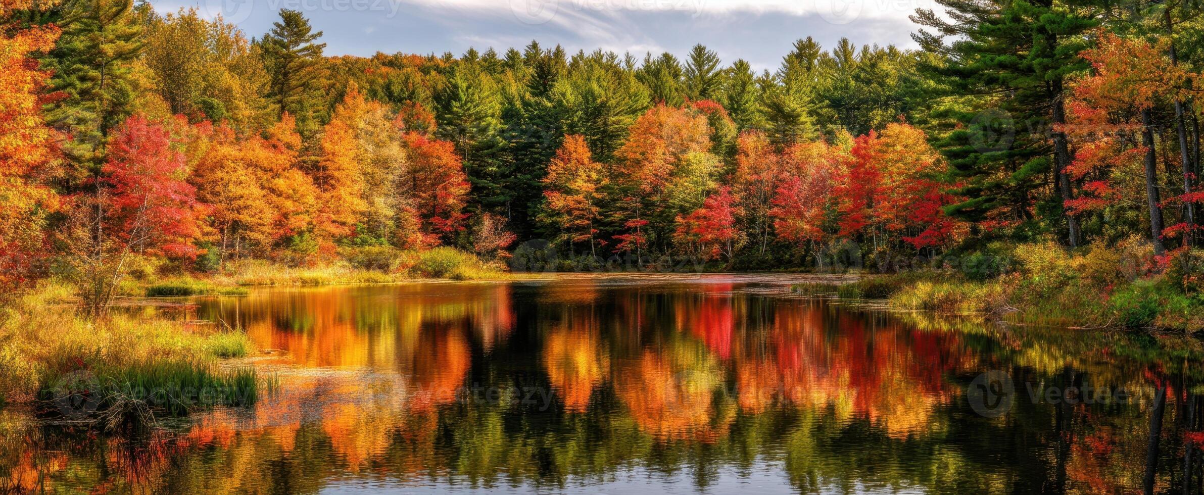 The serene lake surrounded by vibrant autumn foliage and colorful trees. photo