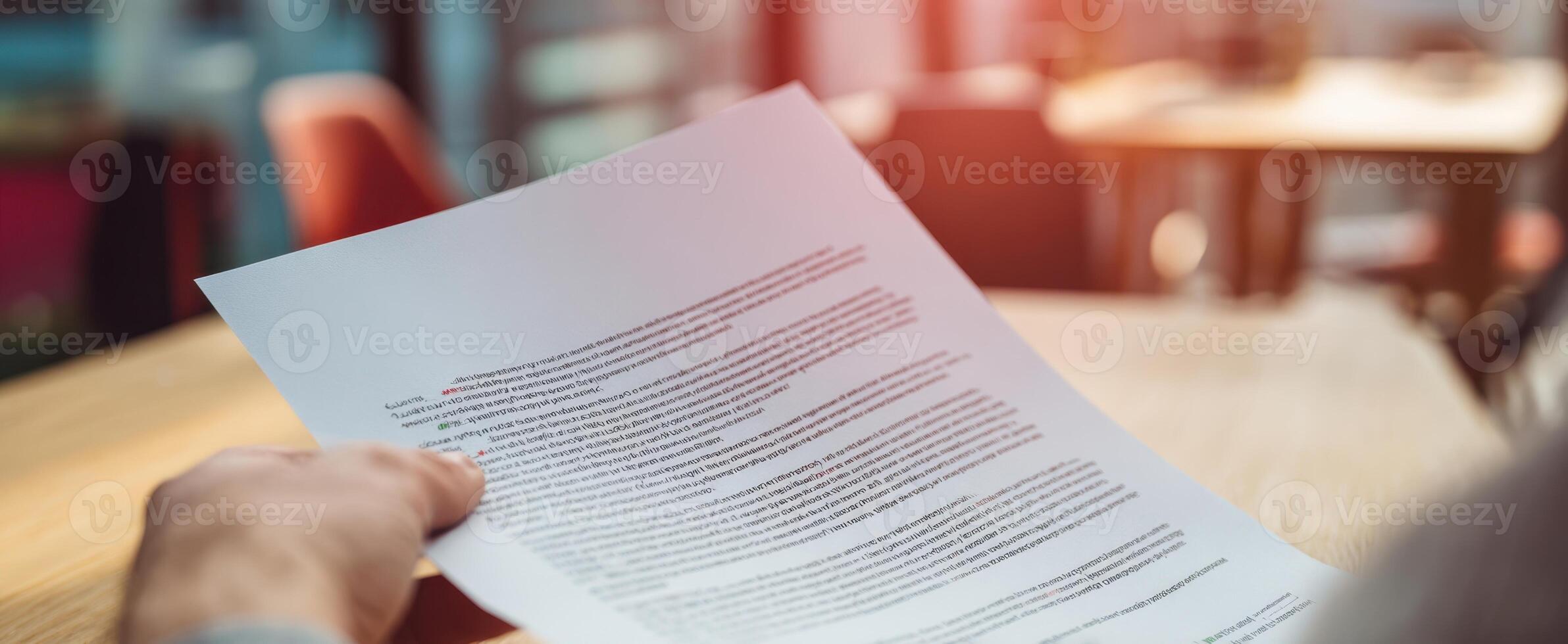 The person reading a document in a modern office environment. photo