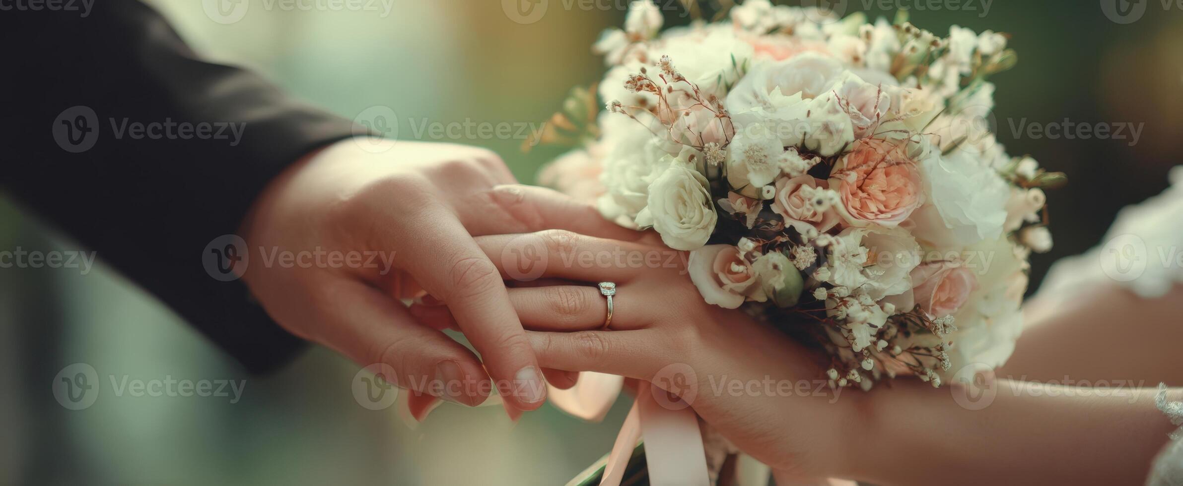 The Hands Holding Wedding Bouquet with Love and Commitment photo