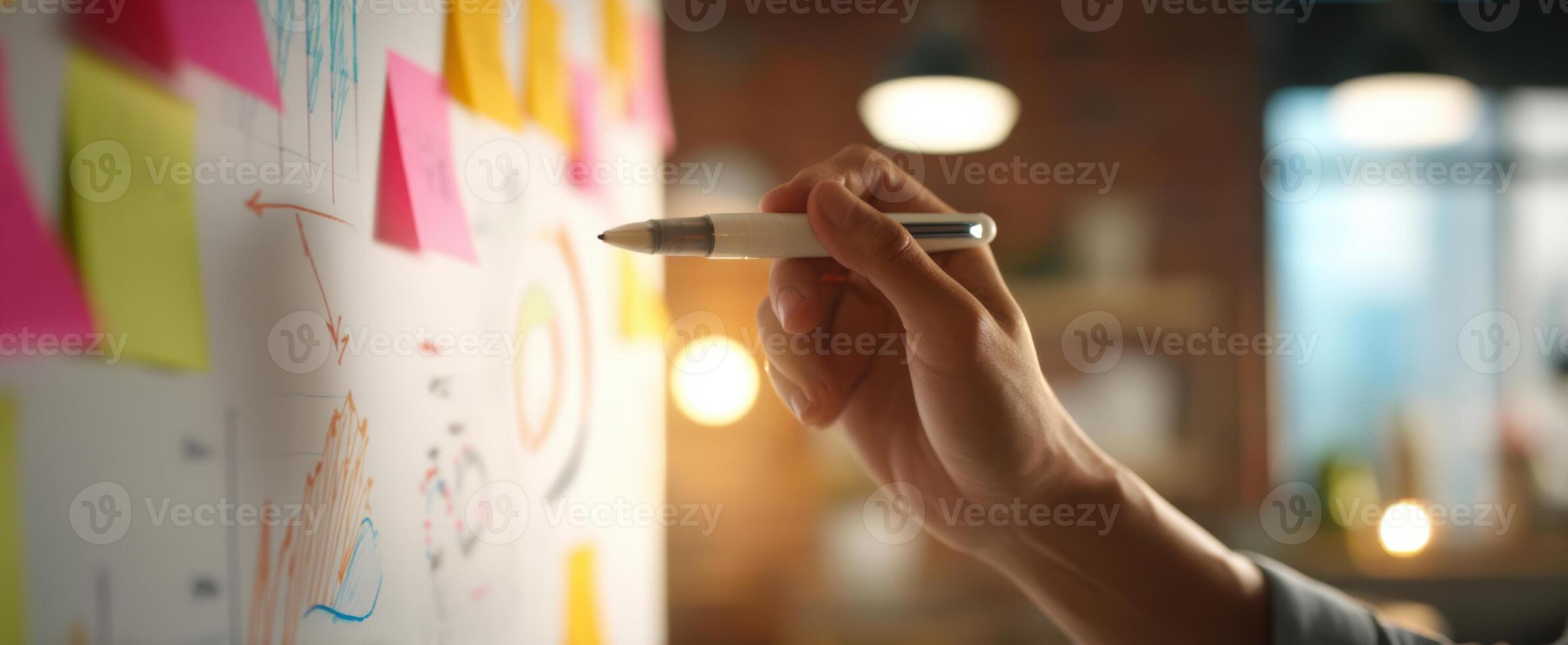 The hand illustrating ideas on a whiteboard during collaborative brainstorming session. photo
